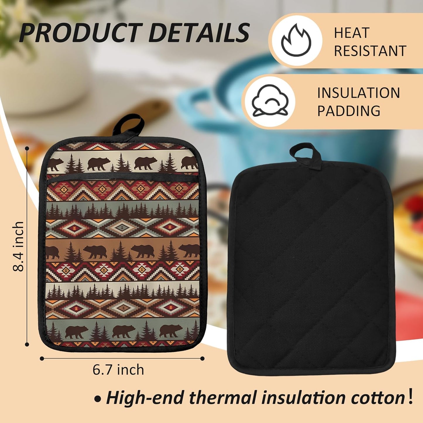 Western Aztec Bear Oven Mitts Set, Camping Camper RV Gifts, Aztec Native Tribal Heat Resistant Kitchen Oven Gloves for Baking and Cooking,Pot Holders