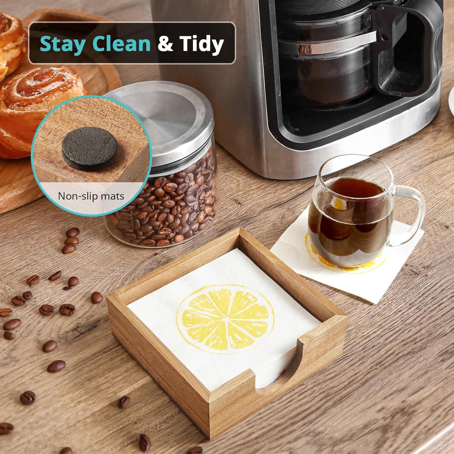 Acacia Wood Cocktail Napkin Holder, Beverage Napkin Holder for 5 x 5 inch Napkin, Square Paper Napkin Caddy for Bar, Party, Table, Dinner, Kitchen, Bathroom