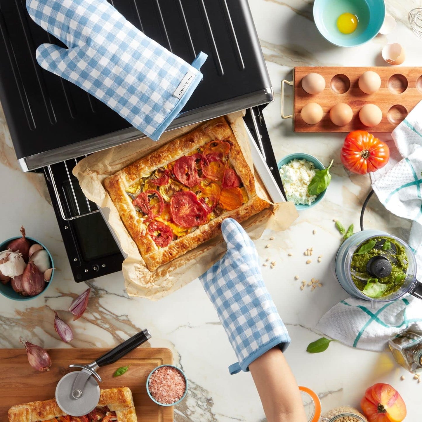 KitchenAid Gingham Oven Mitt 2-Pack Set, Blue Velvet, 7"x13"