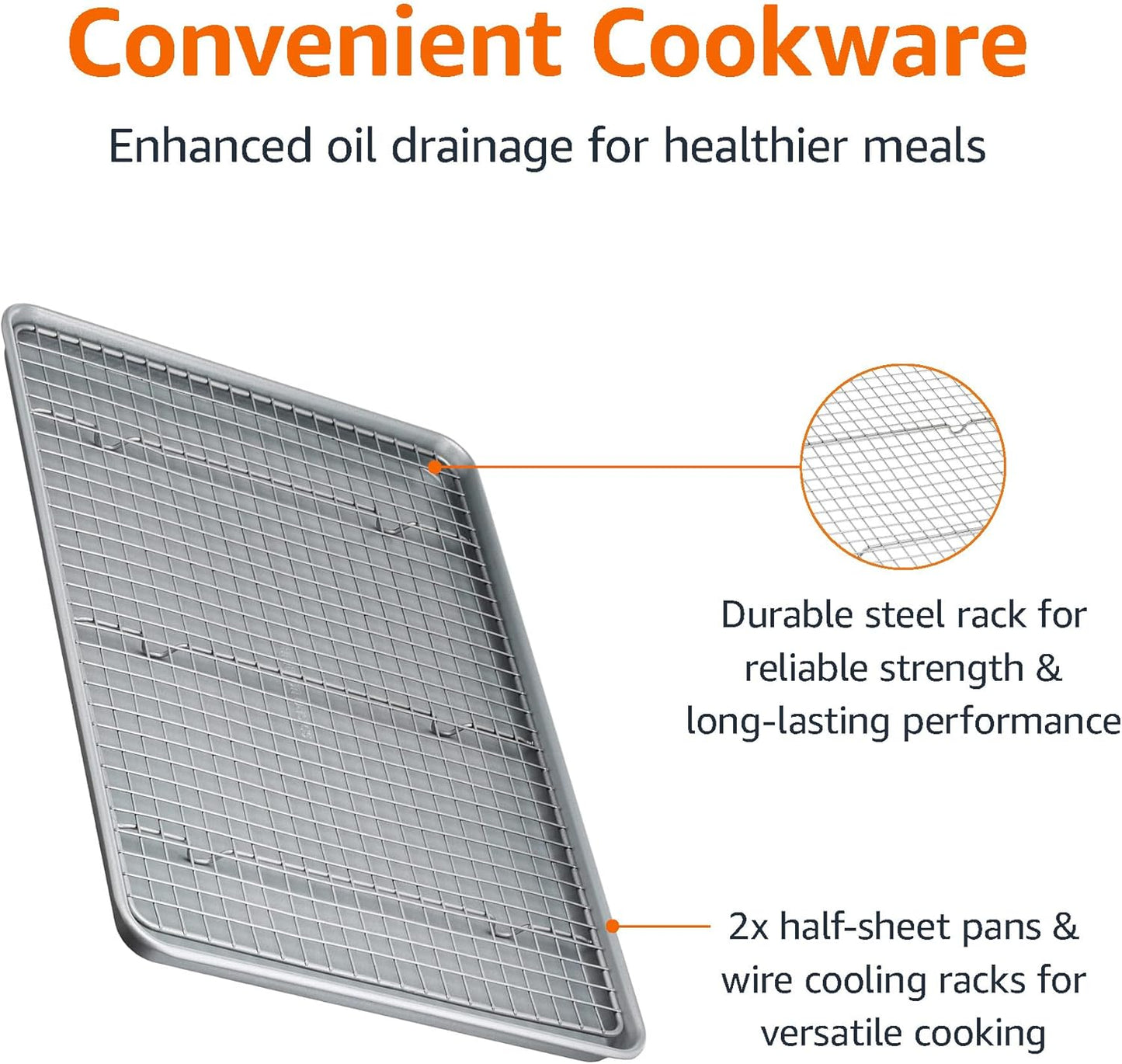 Amazon Basics Ceramic Nonstick Baking Sheets & Cooling Rack Set, Non-Toxic, Half Sheet Size, 2-Pack, Gray