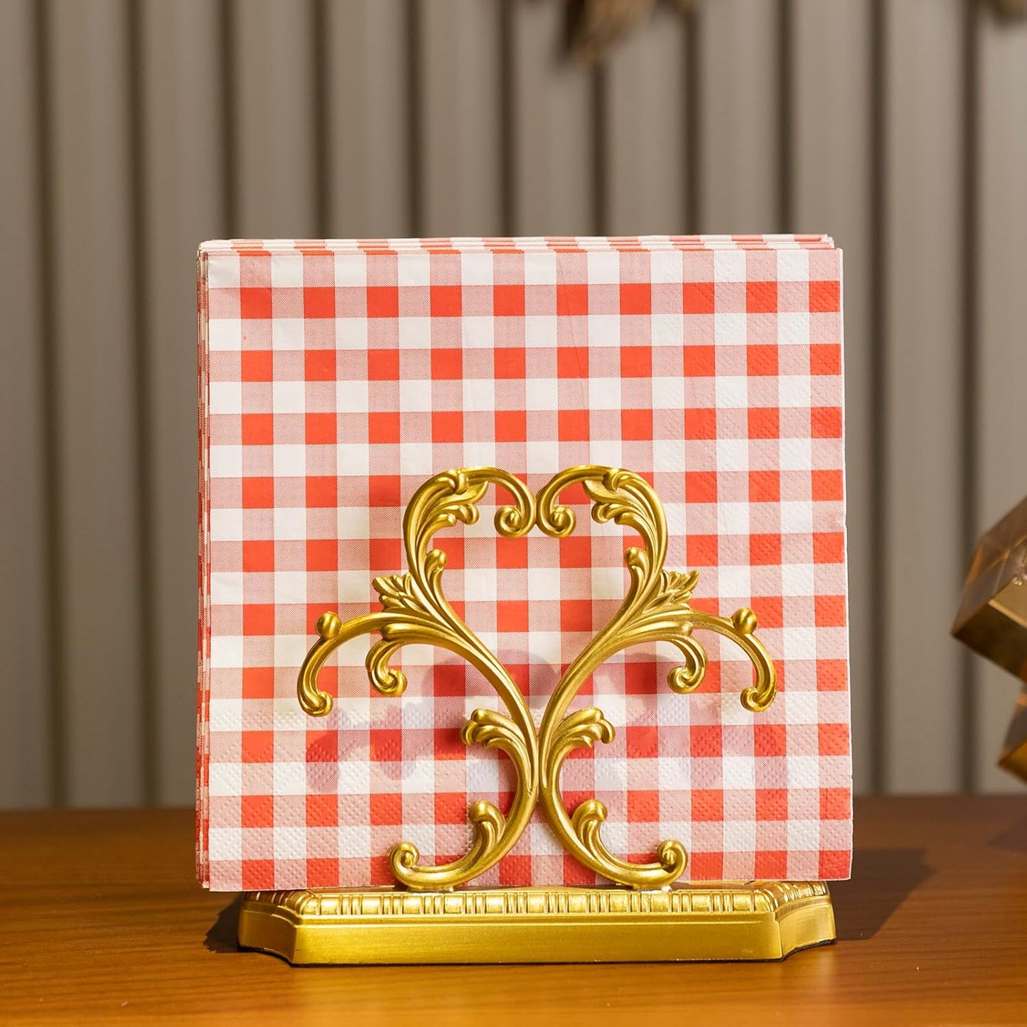 1 Gold Napkin Holder and 50 pieces of red and white paper napkins in classic gingham checkered design,Brass Napkin Holder,Modern Dining Table Decor