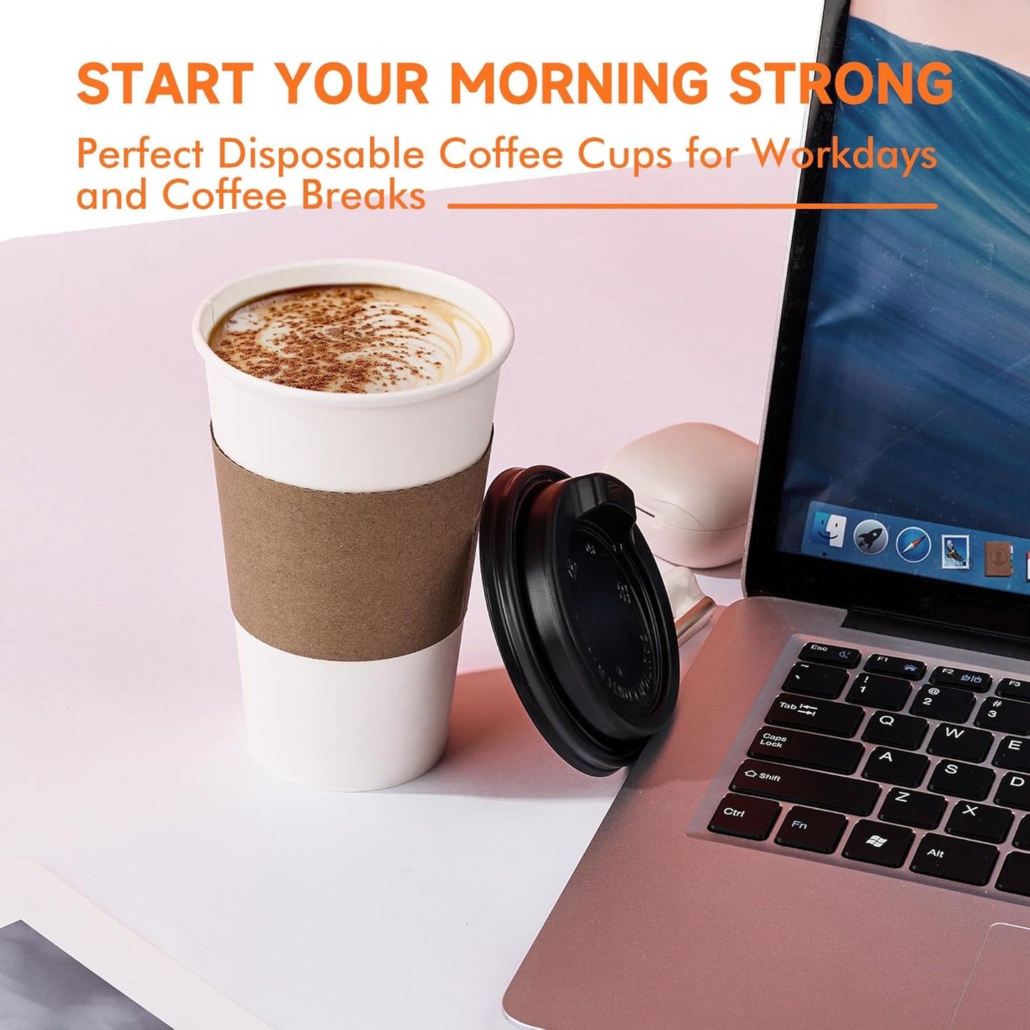 50 Pack 16 oz Disposable Coffee Cups with Lids and Sleeves, Paper Coffee Cups for Hot/Cold Drinks, Leak-Proof To Go Cups for Home, Cafes, Events and Office