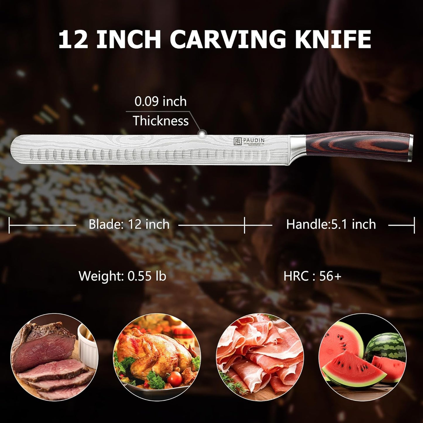 PAUDIN Brisket Knife, 12 Inch Carving Knife Stainless Steel Brisket Slicing Knifes with Granton Edge for Meat Cutting, Roasts, BBQ, Turkey
