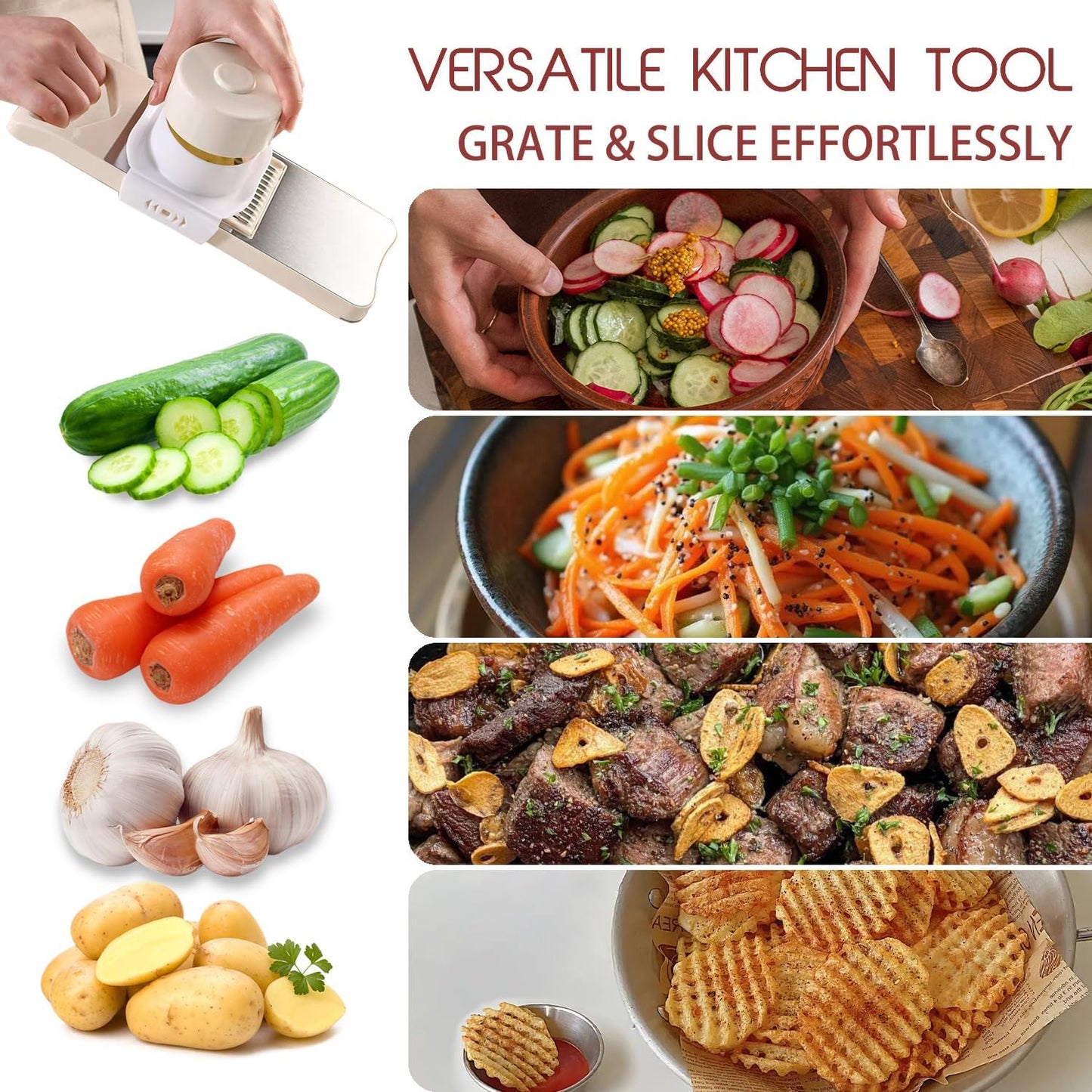 6-Blade Mandoline Slicer with Slide-On Hand Guard - Vegetable Slicer, Potato/Onion/Garlic Slicer, Kitchen Grater(Multi-Color) (Beige, 6-in-1)