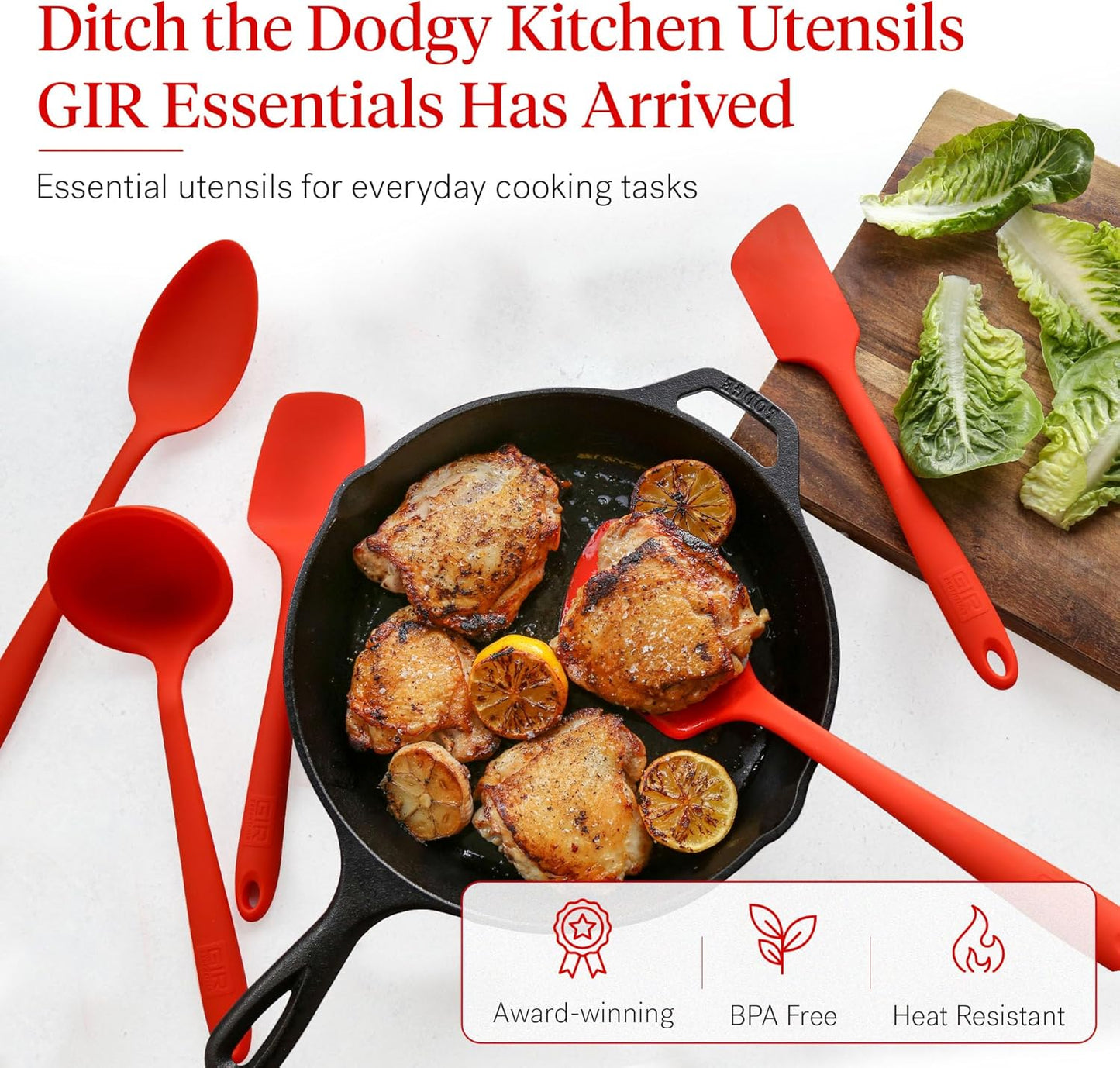 GIR: Get It Right 5-Piece Silicone Essentials Kitchen Utensils Set - Ladle, Spatula, Flip, Spoon & Spoonula - Non-Toxic Cooking Utensils for Nonstick Cookware, Cooking and Baking - Fire Red