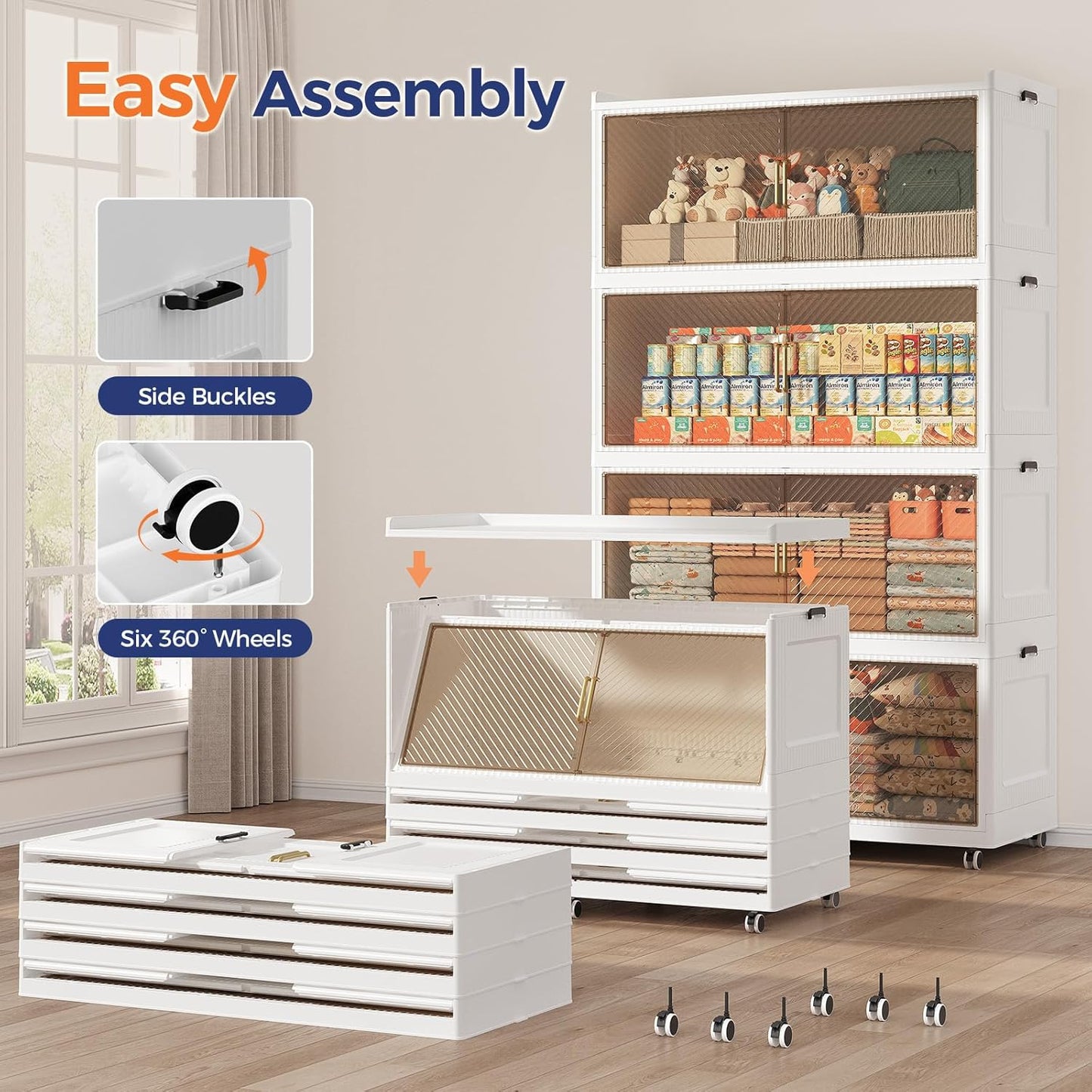 240GAL Extra Large Stackable Storage Bins with Lid, 960QT Plastic Storage Bins with 6x Wheels, Collapsible Closet Organizer and Storage Drawer Cabinet for Living Room Office Dorm, 3Pack White