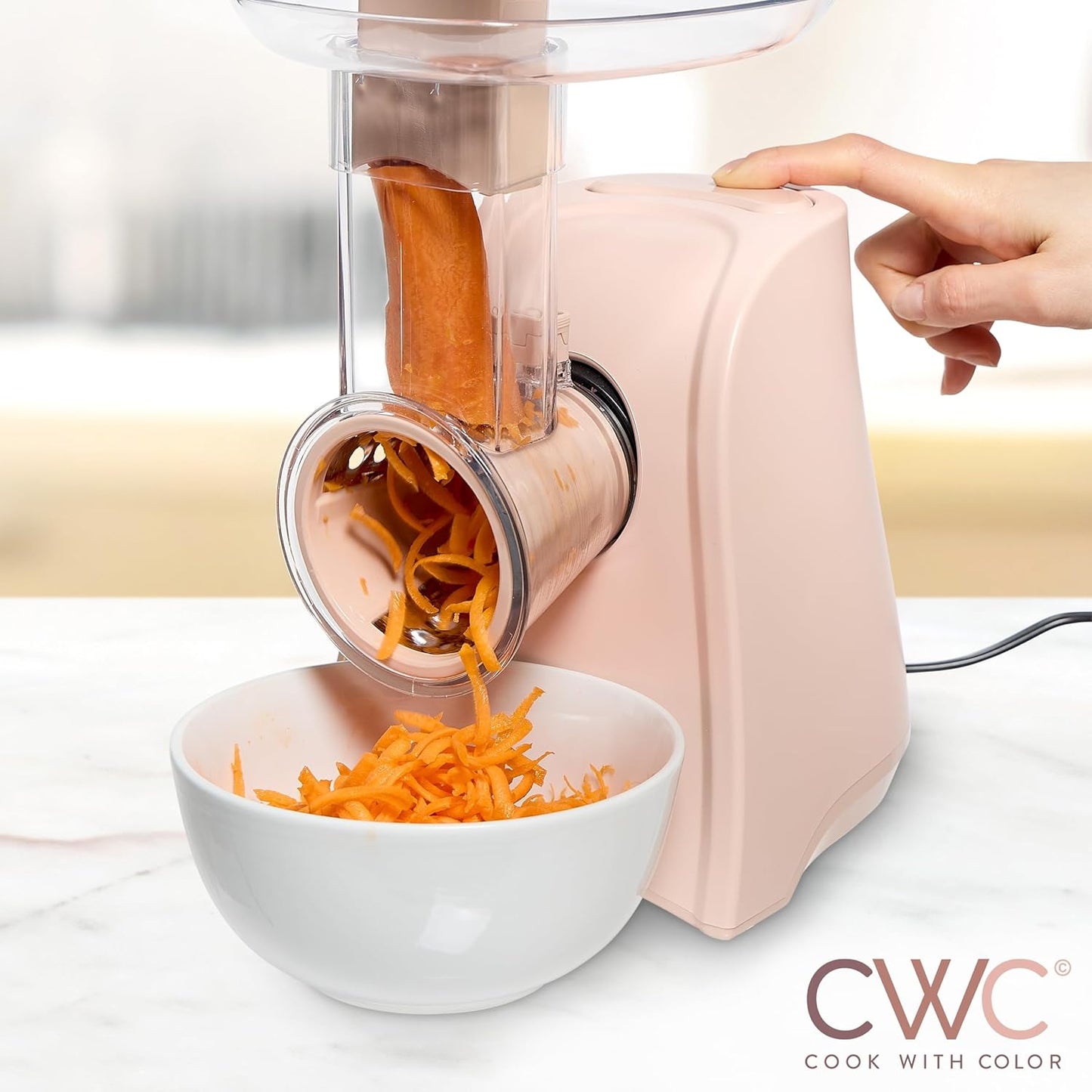 COOK WITH COLOR 5-in-1 Electric Slicer, 150W Food Prep Machine – Cheese Shredder, Fine & Coarse Graters, Potato Grater, Vegetable Slicer, Fruit, Salad Shooter, Compact Design For Bowl Prep, Blush