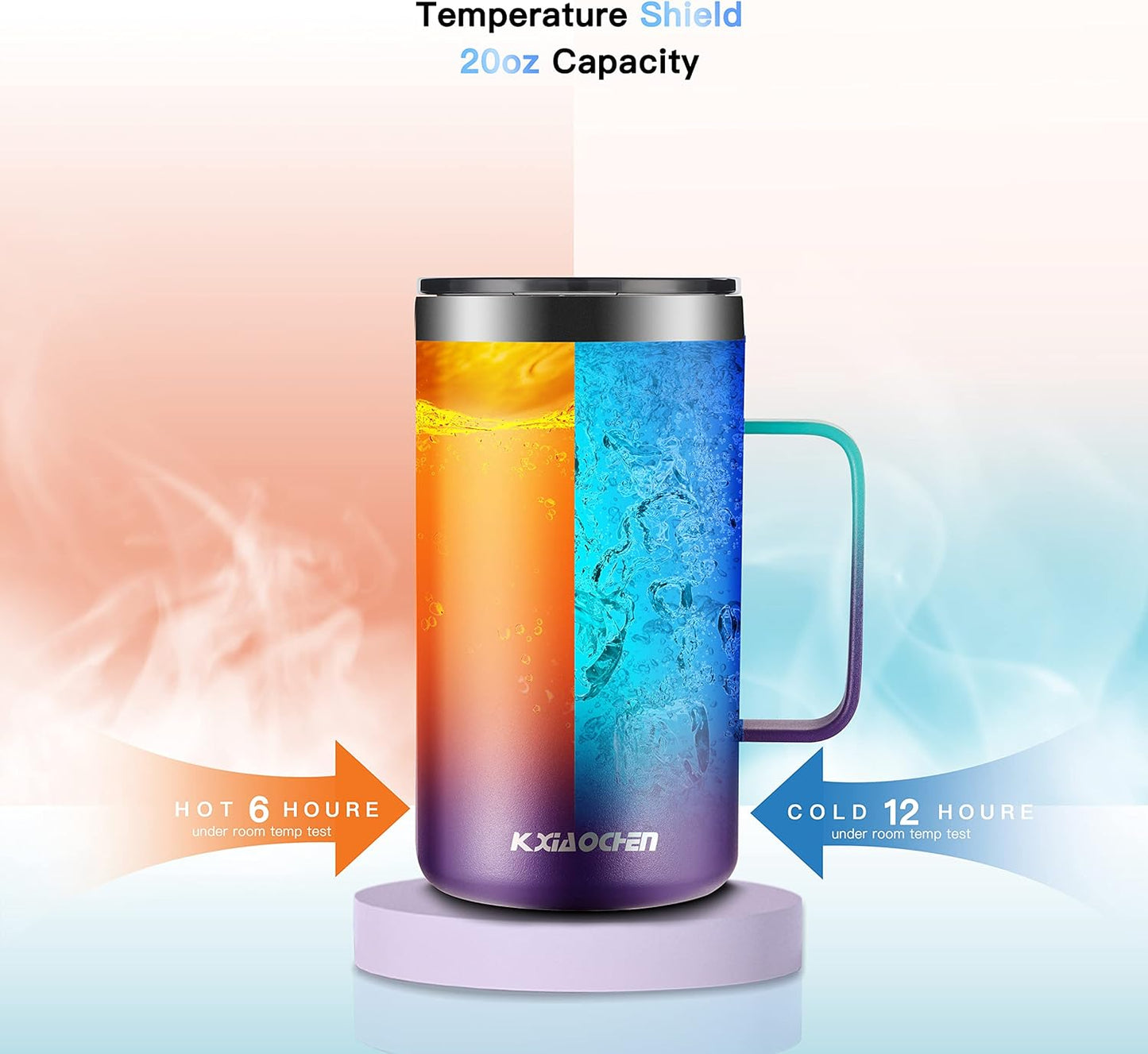 KXIAOCHEN 20oz Insulated Coffee Mug with Lid, Stainless Steel Coffee Cup, Double Wall Vacuum Coffee Tumbler with Handle, Premium Thermal Travel Coffee Mug (Blue Green+Purple)