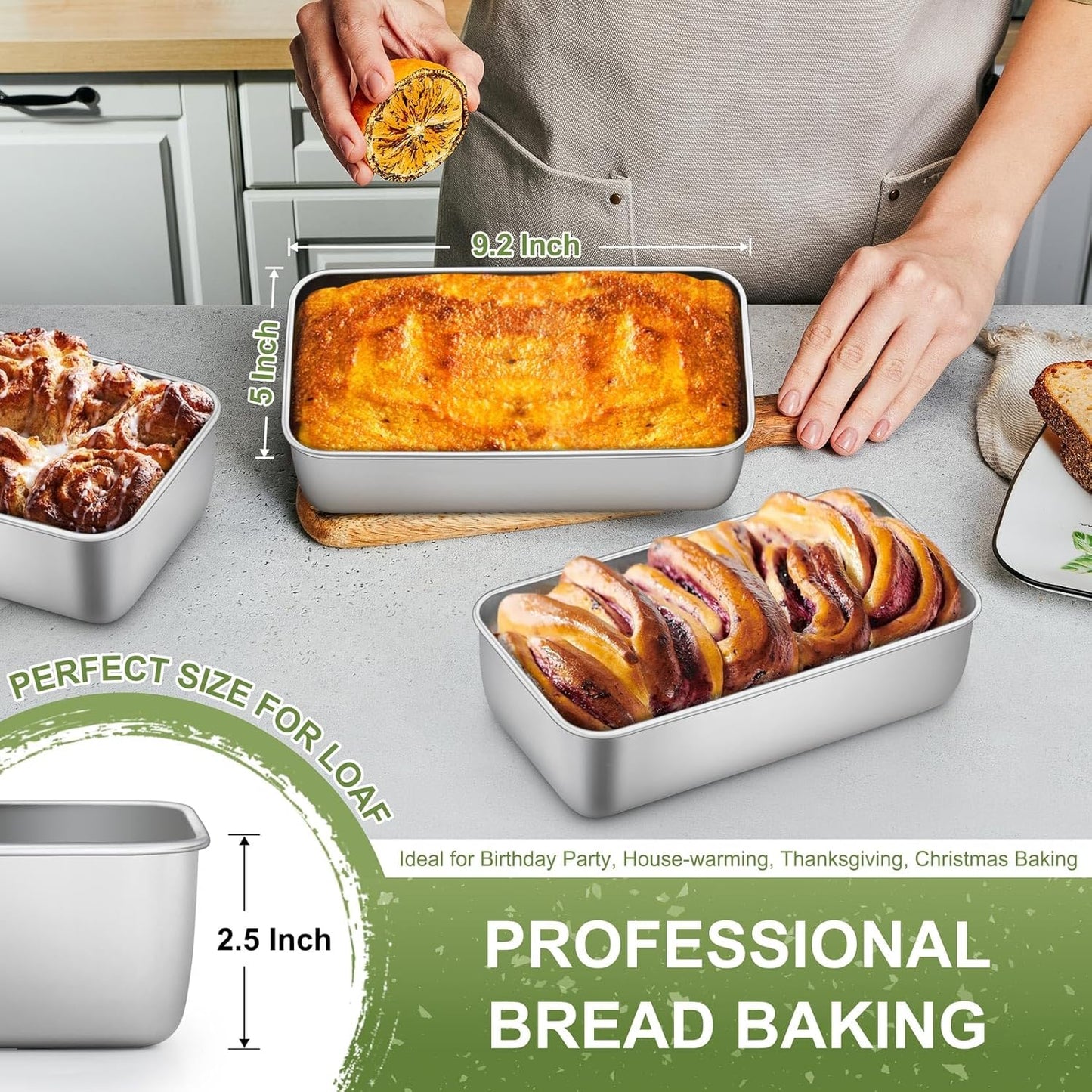 P&P CHEF Loaf Pan Set, 9-inch Bread Pans, Stainless Steel Loaf Toast Baking Pans For Bread Meatloaf Lasagna Cake, Healthy & Non Toxic, Oven & Dishwasher Safe,(Silver, 12Pcs)