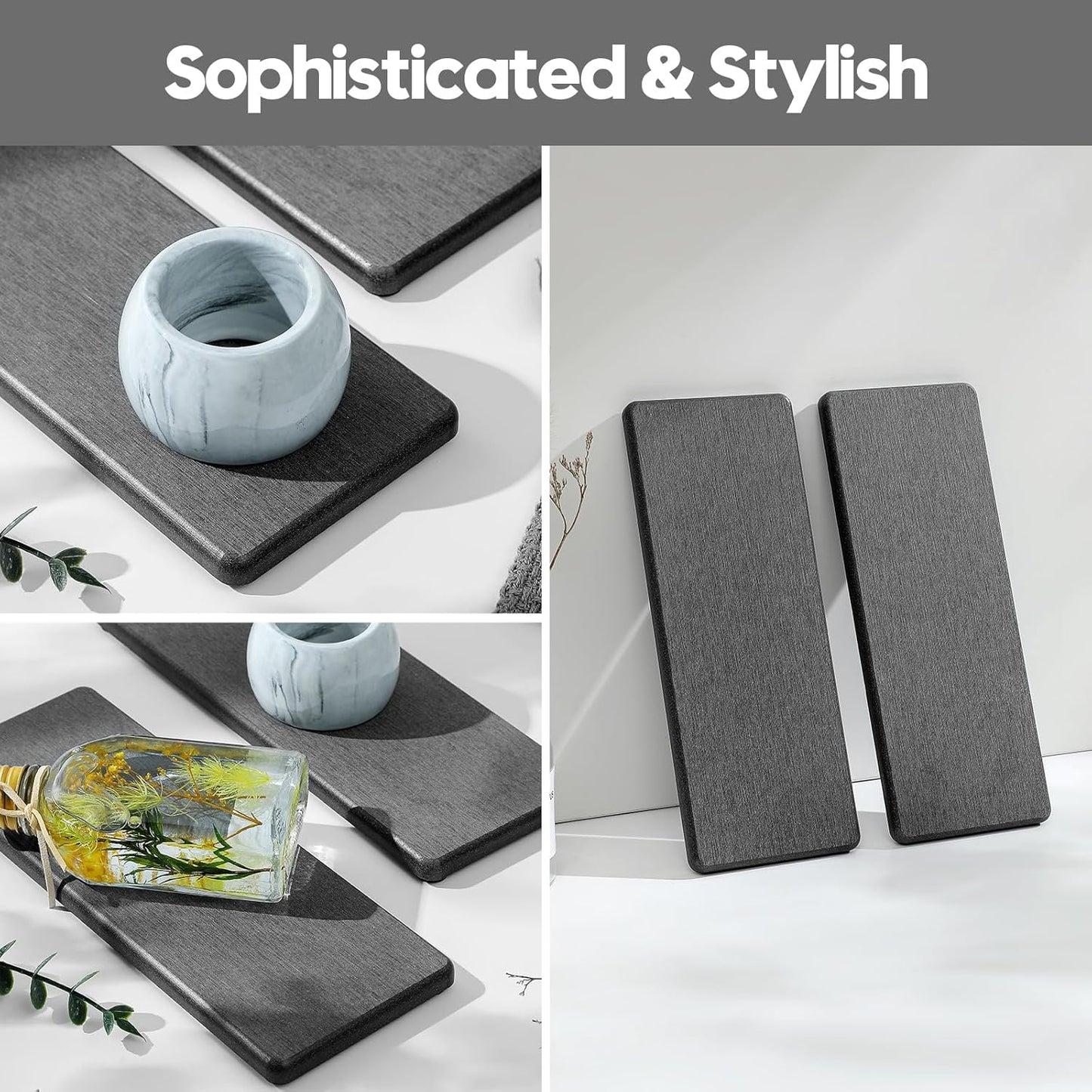 2PCS Bathroom Trays, Water Absorbing Diatomite Stone Quick Drying Mat for Kitchen Counter, Dish Rack Soap Dispenser Sponge Holder Caddy Sink Vanity Organizer, Dark Gray Slate,9"x3.5"