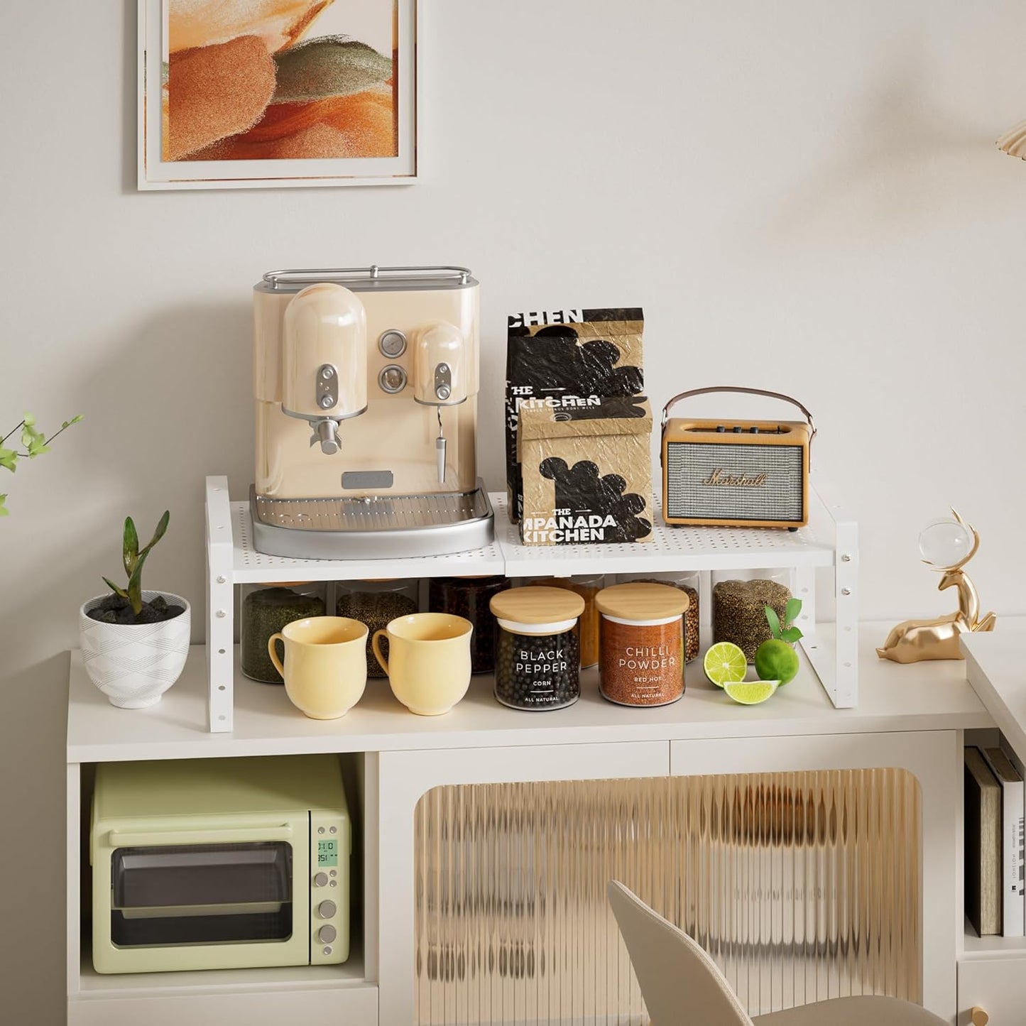 Expandable,Adjustable & Stackable Spice Rack, Cabinet Kitchen Countertop Shelf Organizer,Metal Pantry Storage Shelves - Space-Saving Storage Solution(1Pack/White/Medium)