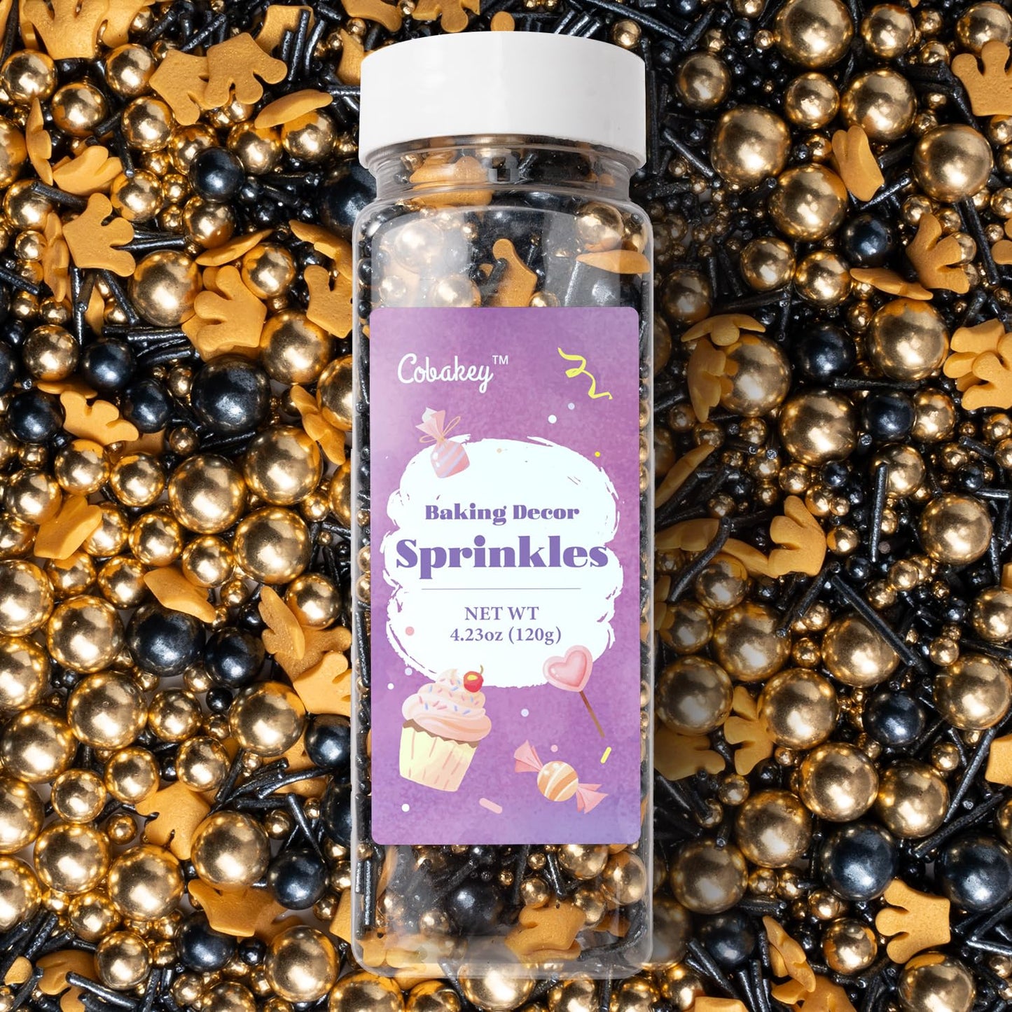 Royal Crown Black and Gold Sprinkles for Cake Decorating 4.23ounce - Sugar Mix Contains Jimmies & Pearl Sprinkles for Cupcake Toppers, Ice Cream, Candy, Cookie Decorations - Holiday Party Supplies