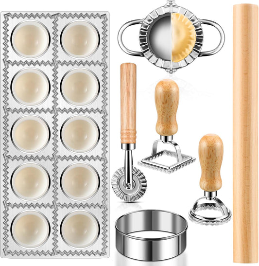 8 Pieces Ravioli Mold Set, ravioli cutter, Ravioli Maker Cutter with Roller Wheel, Ravioli Cutter Set with Wooden Handle, Pasta Making Kit for Ravioli Press Mold. Suitable for home and restaurant us