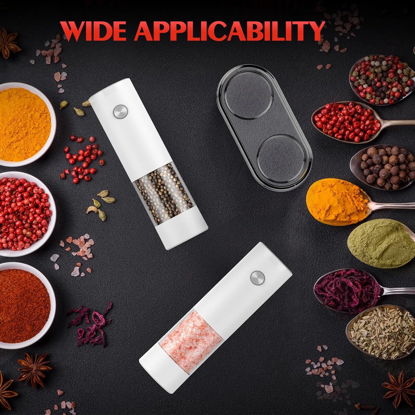 Electric Salt and Pepper Grinder Set Automatic Battery Pepper Mill Shakers Adjustable Coarseness Easy Filling Upgraded Larger Capacity with Led (2 Pack White/White）