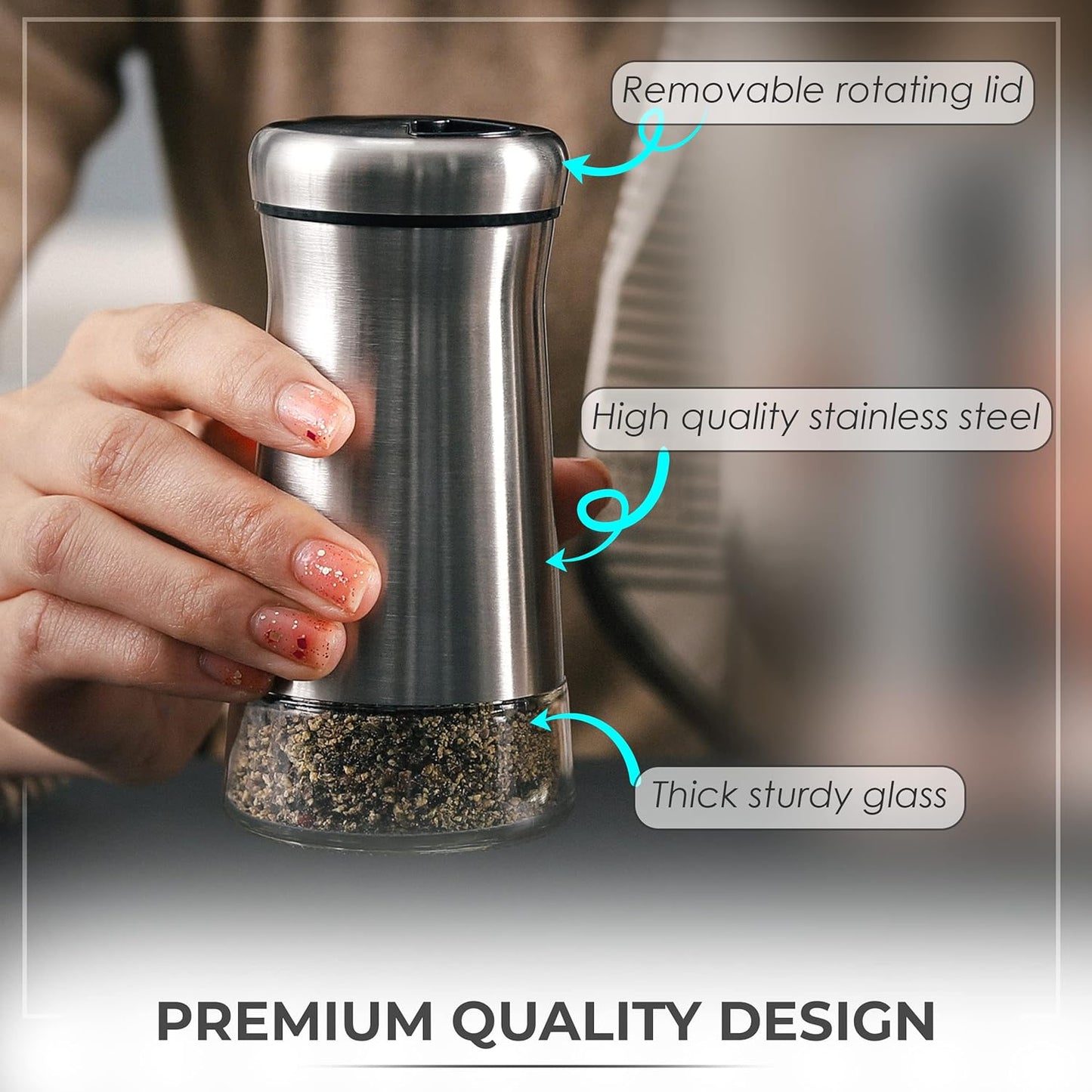 Pepper Shaker or Salt Shaker with Adjustable Pour Holes - Elegant Stainless Steel Spice Dispenser - Perfect for Himalayan, Table Salt, White and Black Pepper (Pepper Shaker)