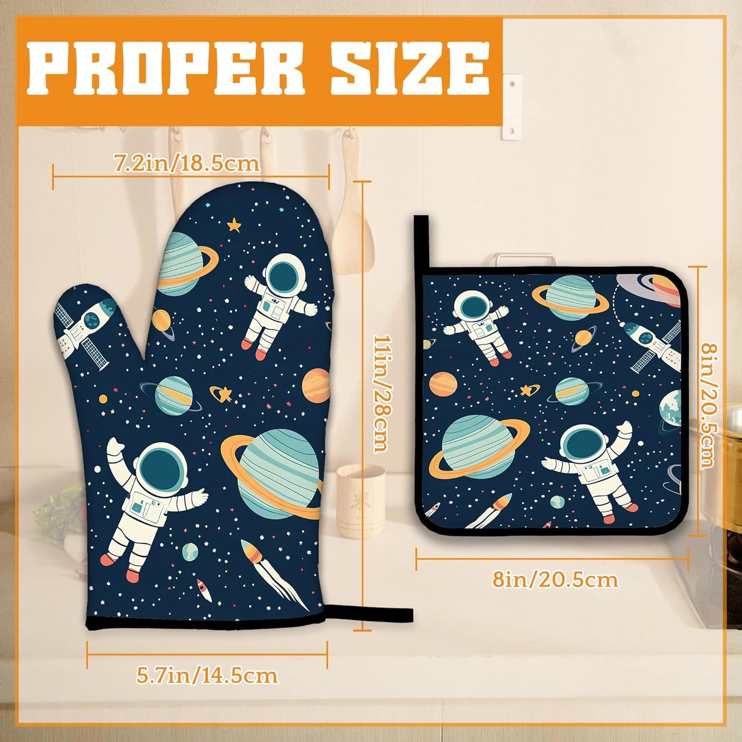 Astronaut Oven Mitts and Pot Holders,Planet Heat Resistant Oven Mitts Gloves and Pot Holder for Home Kitchen Decorations Cooking Baking BBQ Gifts,Set of 4