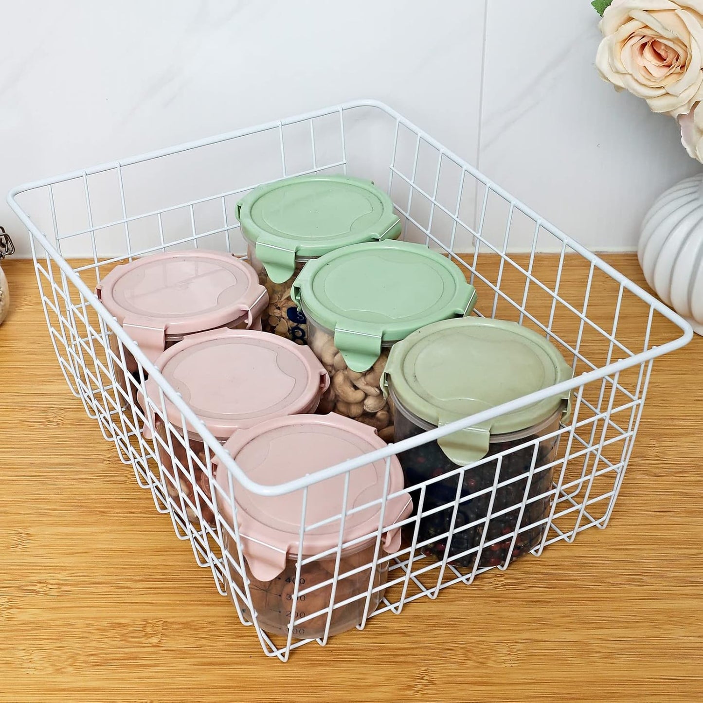 14" Upright Freezer Storage Baskets, Large White Wire Storage Bins Bakset for Freezer, Pantry, Bathroom Organizing, Set of 2