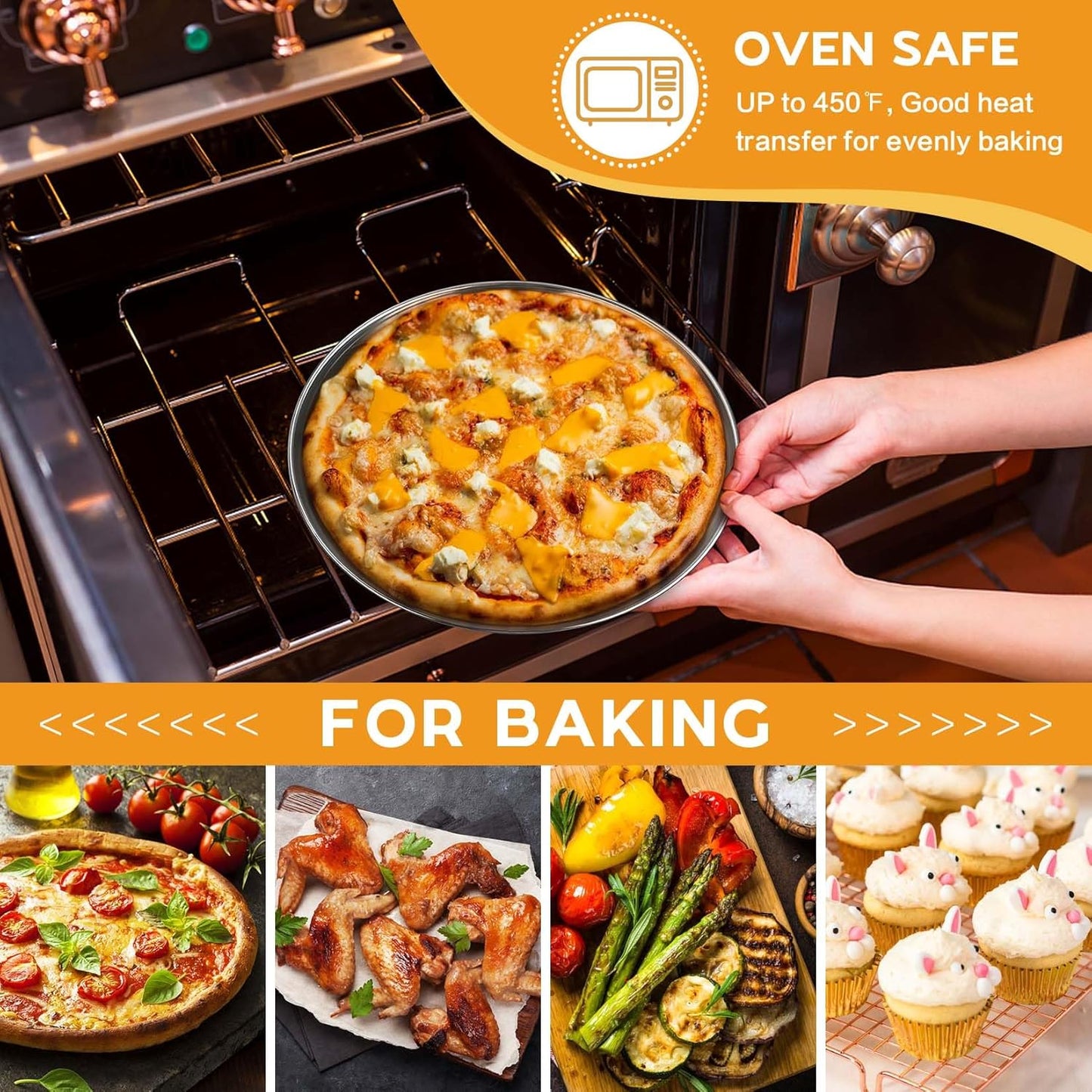 P&P CHEF 10 Inch Pizza Pan, Stainless Steel Round Pizza Tray Baking Pans, Pizzas Plate Serving Tray for Cookie Meat, Oven & Dishwasher Safe & Easy Cleaning, (Mirror Finish) - 2 Pieces