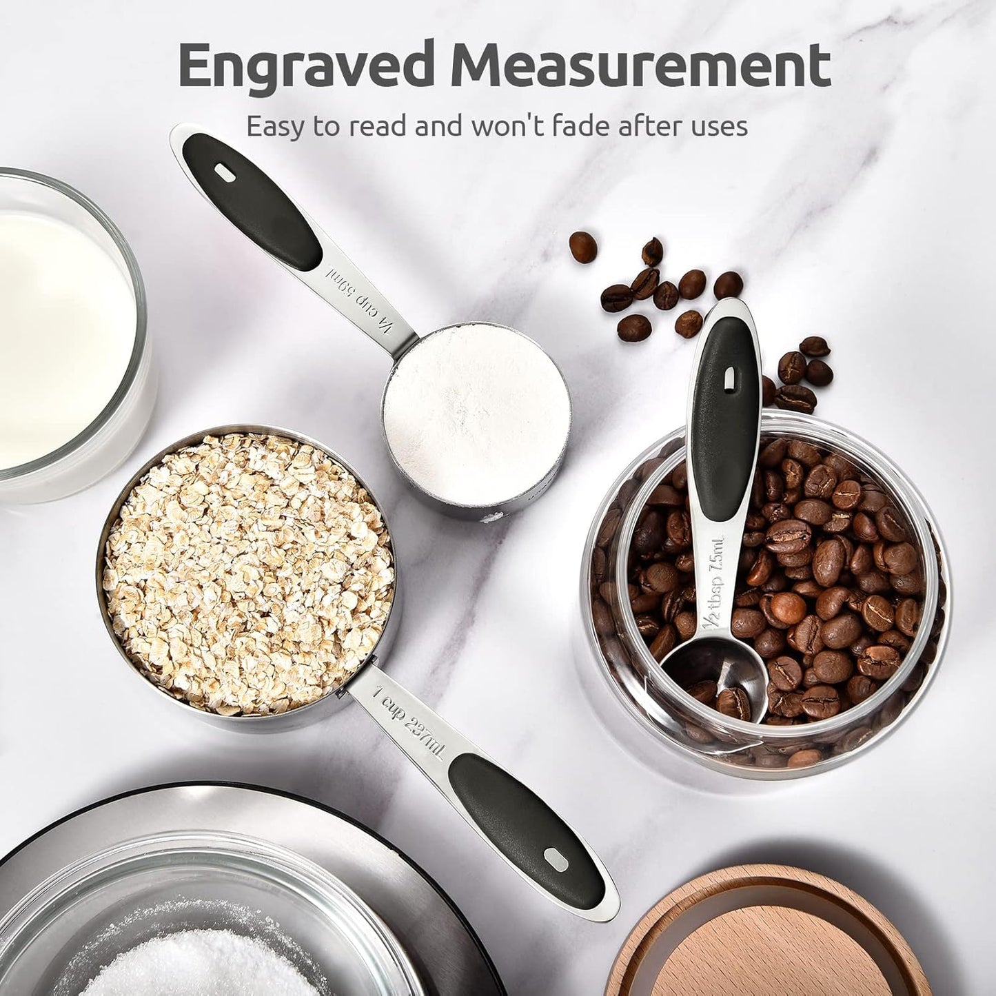 Measuring Cups and Spoons Set: U-Taste 18/8 Stainless Steel 12 Pieces Metal Stacking Kitchen Baking Cooking Food Measure Set 7 Cups 5 Spoons with Strengthened Weld Joints (Black, Upgraded Version)