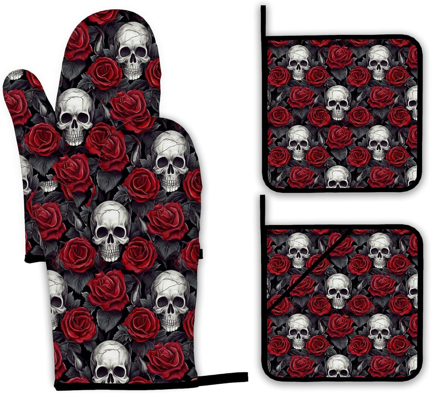 Skulls Oven Mitts and Pot Holders Set,Red Roses Kitchen Oven Gloves and Pot Holder with Heat Resistant Non Slip for Cooking Baking Grilling(4 Piece Set)