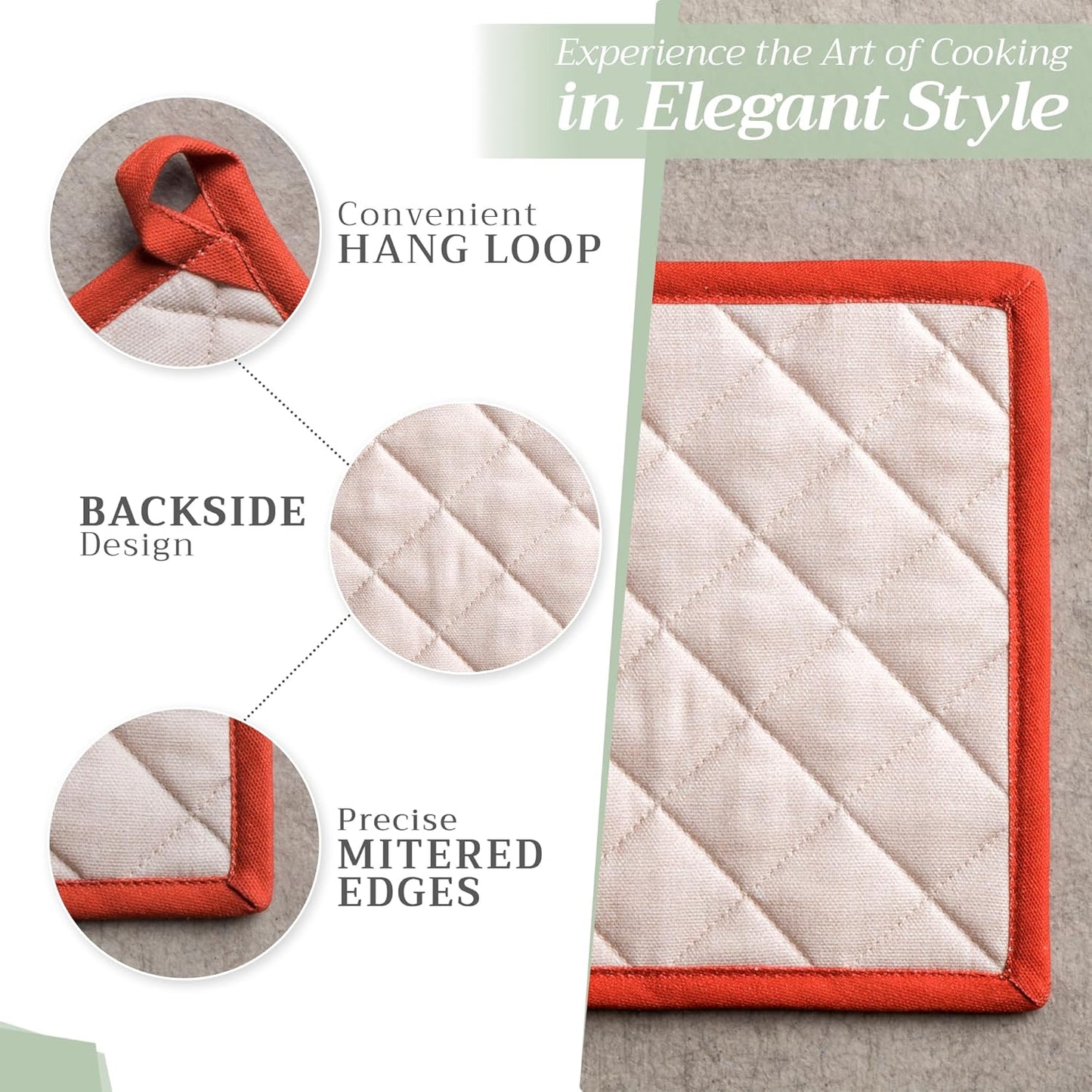 Maison d' Hermine 100% Cotton Oven Mitt & Pot Holder Set (7.5"x13" & 8"x8") Heat Resistant BBQ Cooking Gloves with Loop, Baking, Grilling, Kitchen, Handling Hot Pans (Potiron)