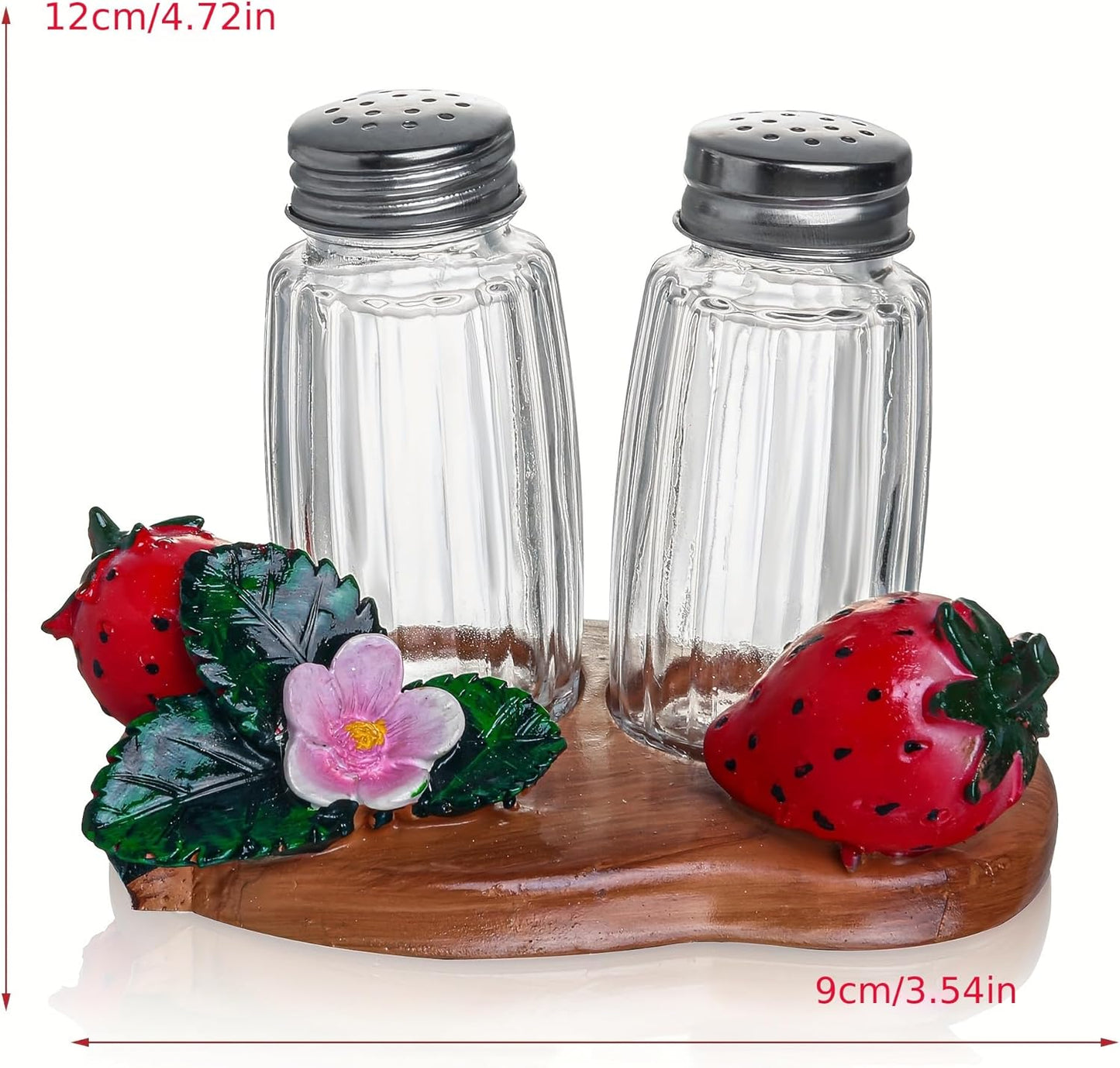 Salt And Pepper Shakers Set Dispenser with Resin Strawberry Figurine And Statues Holder - Glass Spice Jars Included