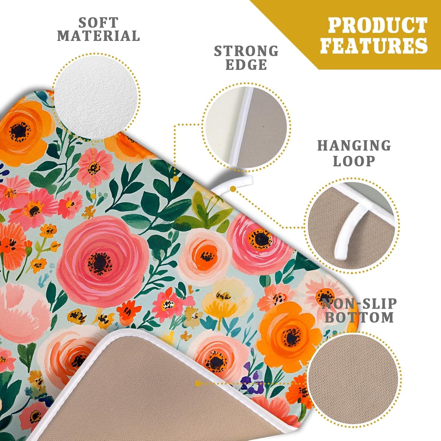 Spiral Flower Dish Drying Pad - Spring Bold Floral Printd Kitchen Countertop Cloth Pad for Home Decorative