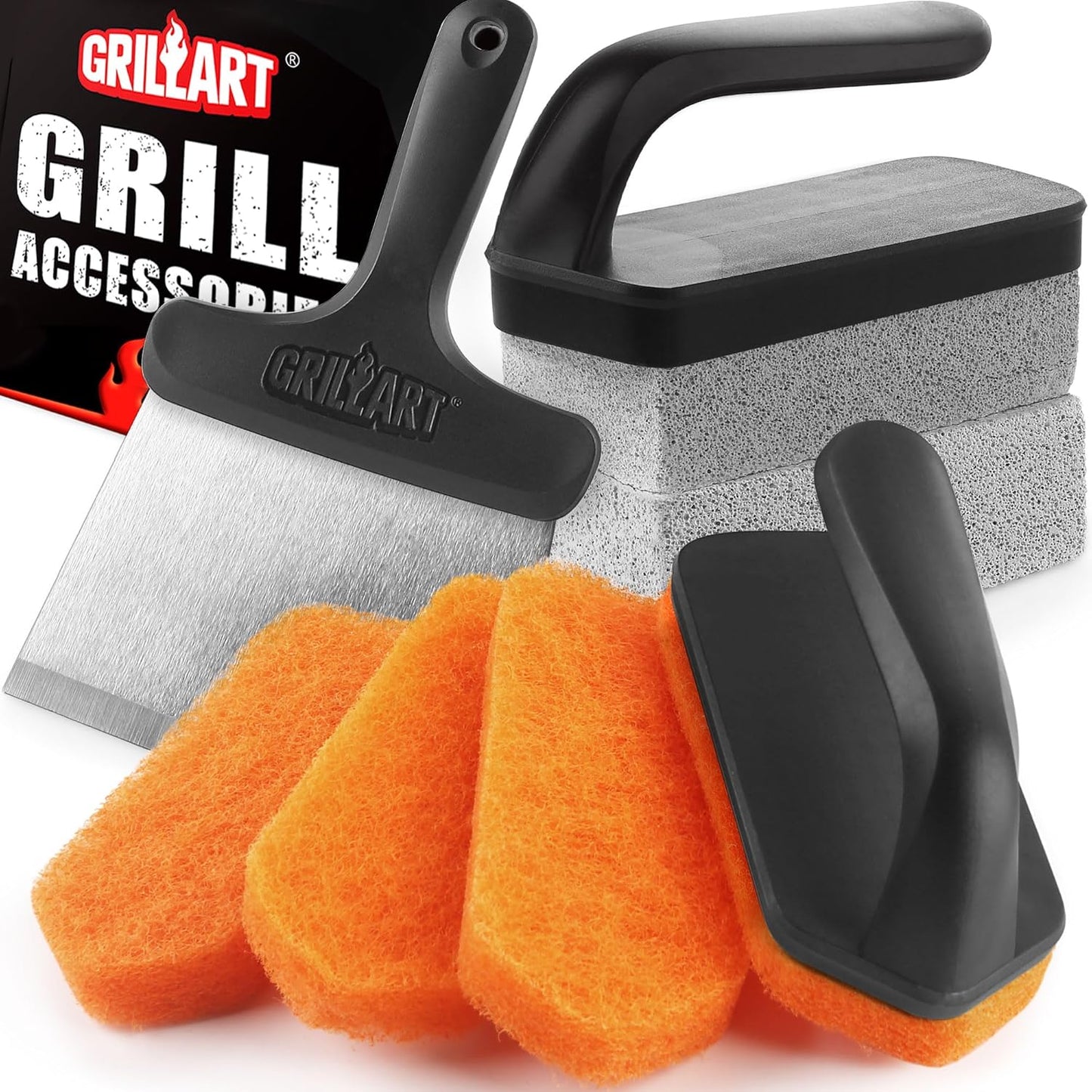 GRILLART Griddle Cleaning Kit for Blackstone, Flat Top Grill Cleaning Kit with Grill Stone, Griddle Scraper, Scouring Pad and Handles, Multifunctional Griddle Accessories for Rusty Grills, Orange