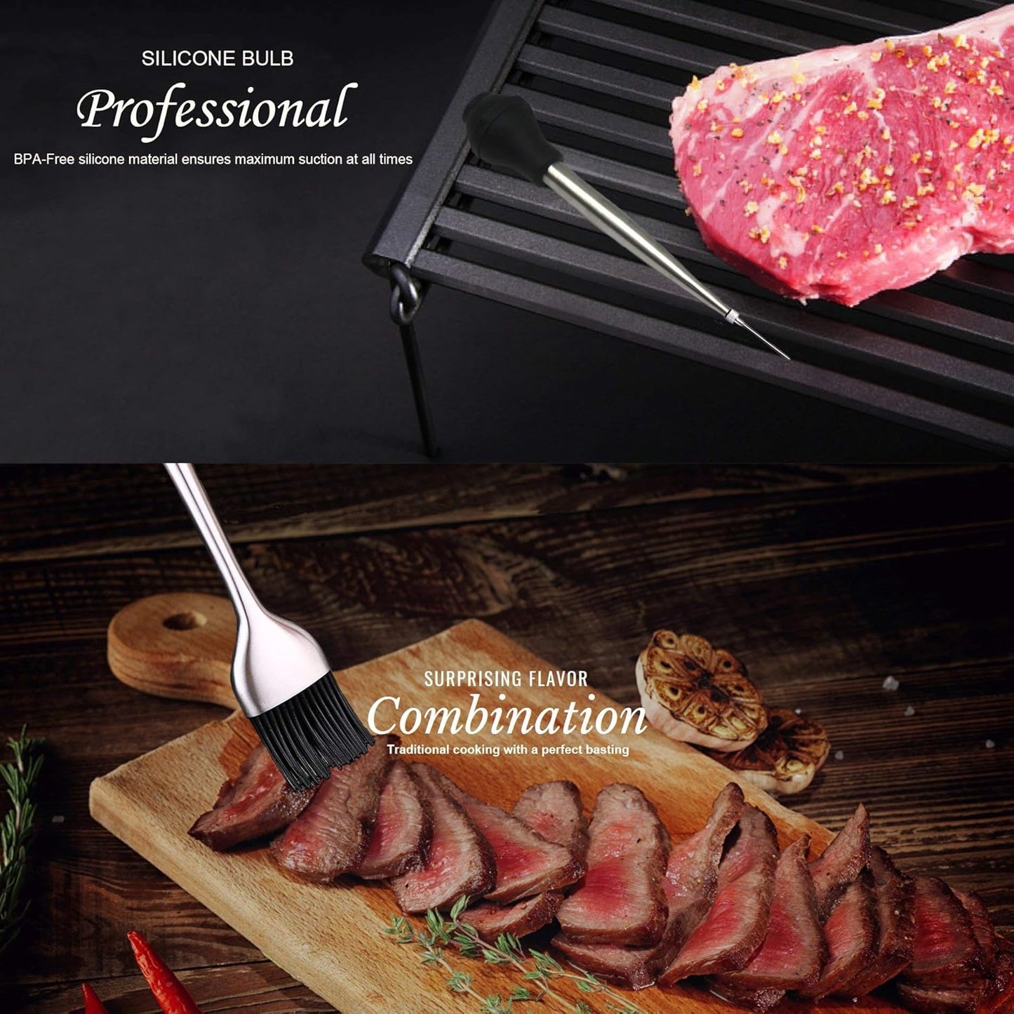 Kaycrown Stainless Steel Turkey Baster with BBQ/Grill Basting Brush, Commerical Grade Quality Silicone Bulb Including Flavor Needle and Cleaning Brush for Easy Clean Up