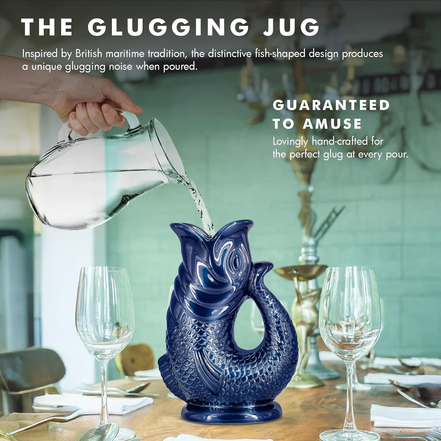 Gurgle Glug Jug The Bubble Jug® Ocean Green 50 fl oz 1.5L Litre Extra Large Pitcher - Fish Shaped Jug - Decorative Ceramic Glugging Cocktail, Water and Gin Vase and Gurgling Carafe Pot