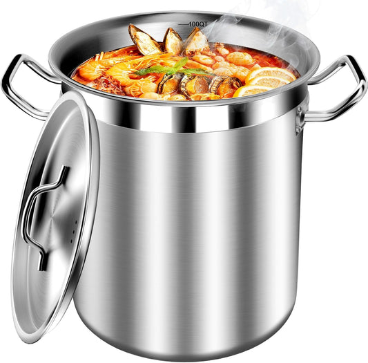 Extra-Large Stainless Steel Stock Pot – Commercial Heavy Duty Soup Pot with Lid, 3-Ply Base for Fast Heating, Ideal for Seafood Boils and Outdoor Cooking - 100 Quart