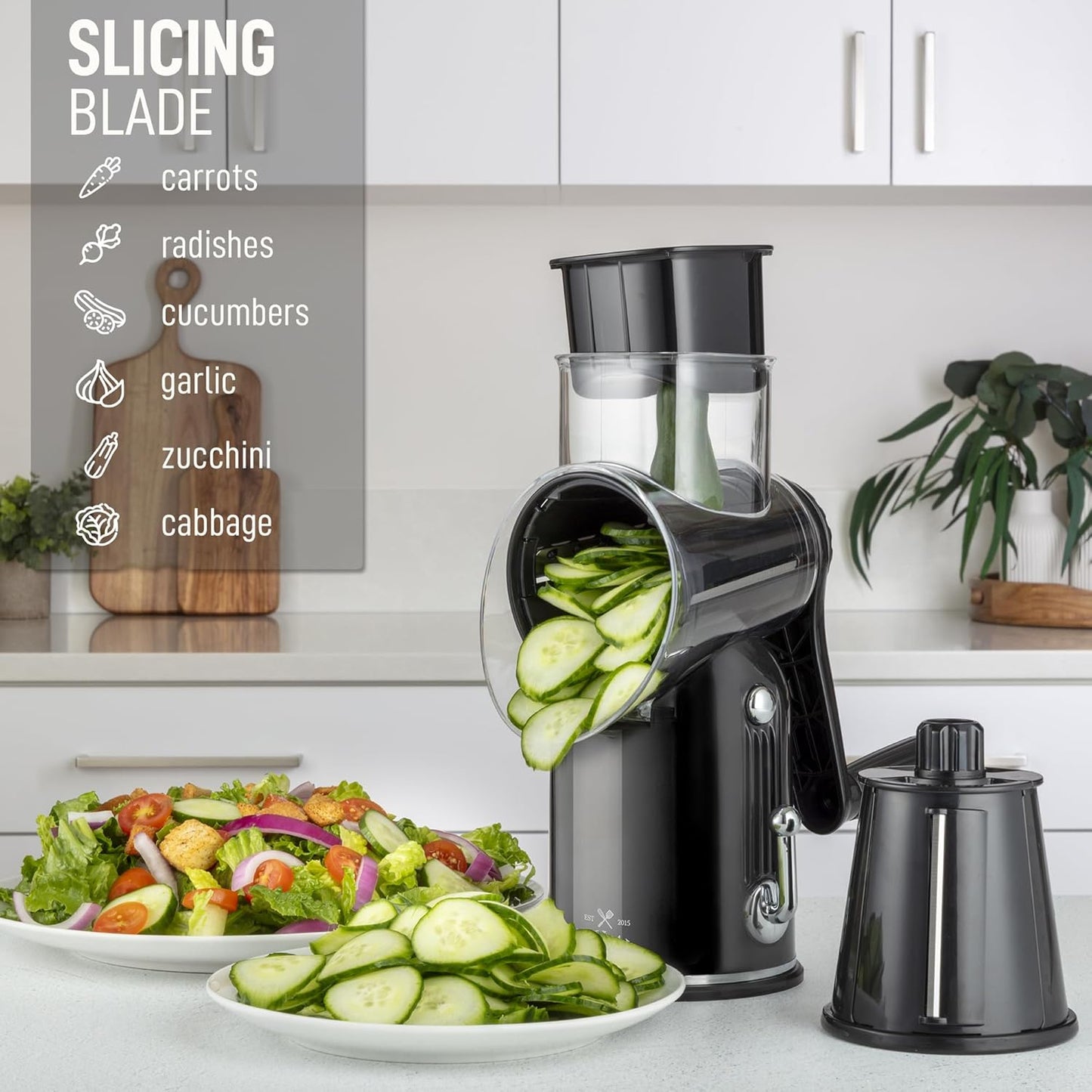 Zulay Kitchen Rotary Cheese Grater 5 Blade Cheese Shredder - Manual Hand Crank Cheese Grater With Reinforced Suction & 5 Interchangeable Drums - Easy to Use, Vegetable Chopper Round Mandoline Slicer