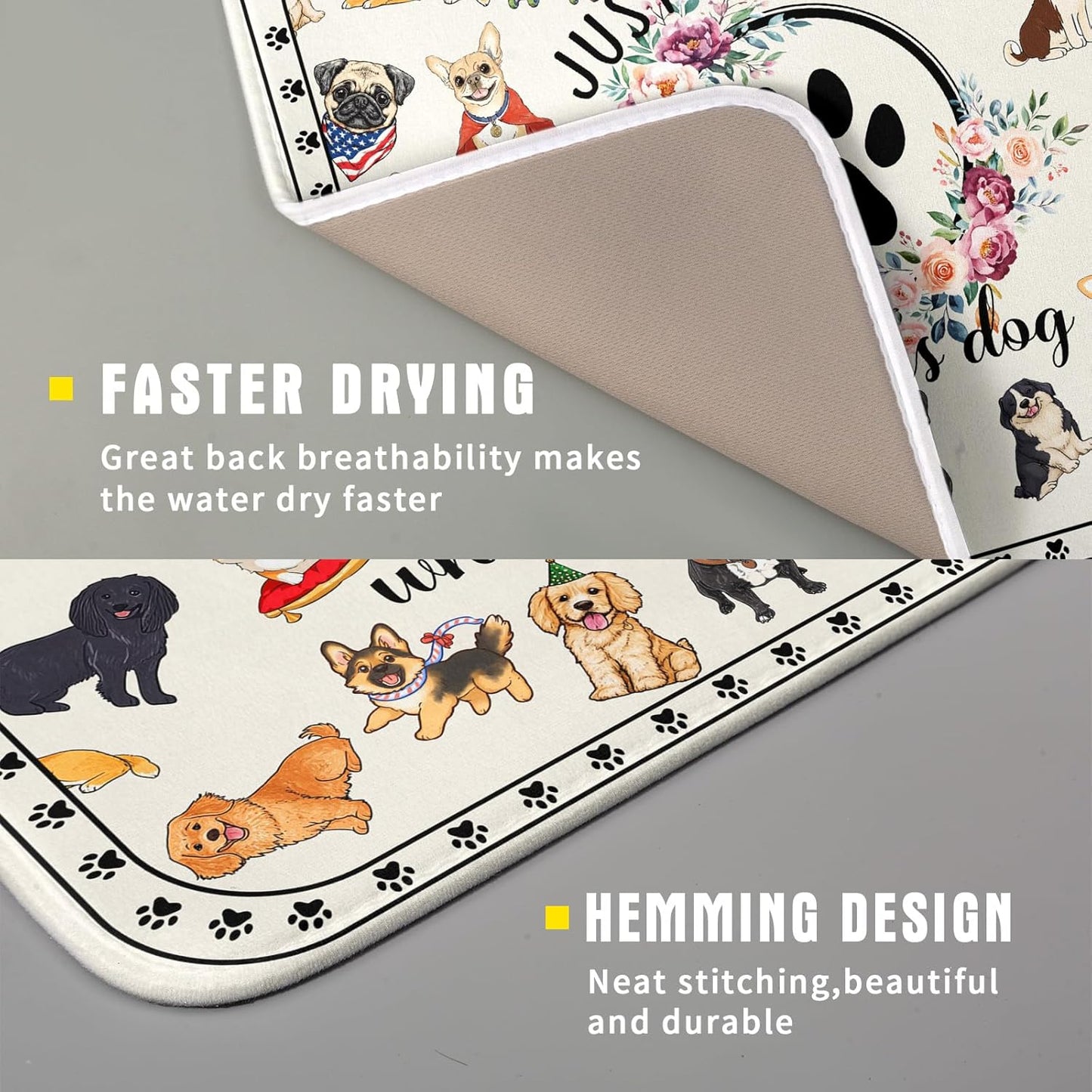 Lovely Dogs Dish Drying Mat Absorbent Printed Drying Pad for Kitchen Counter