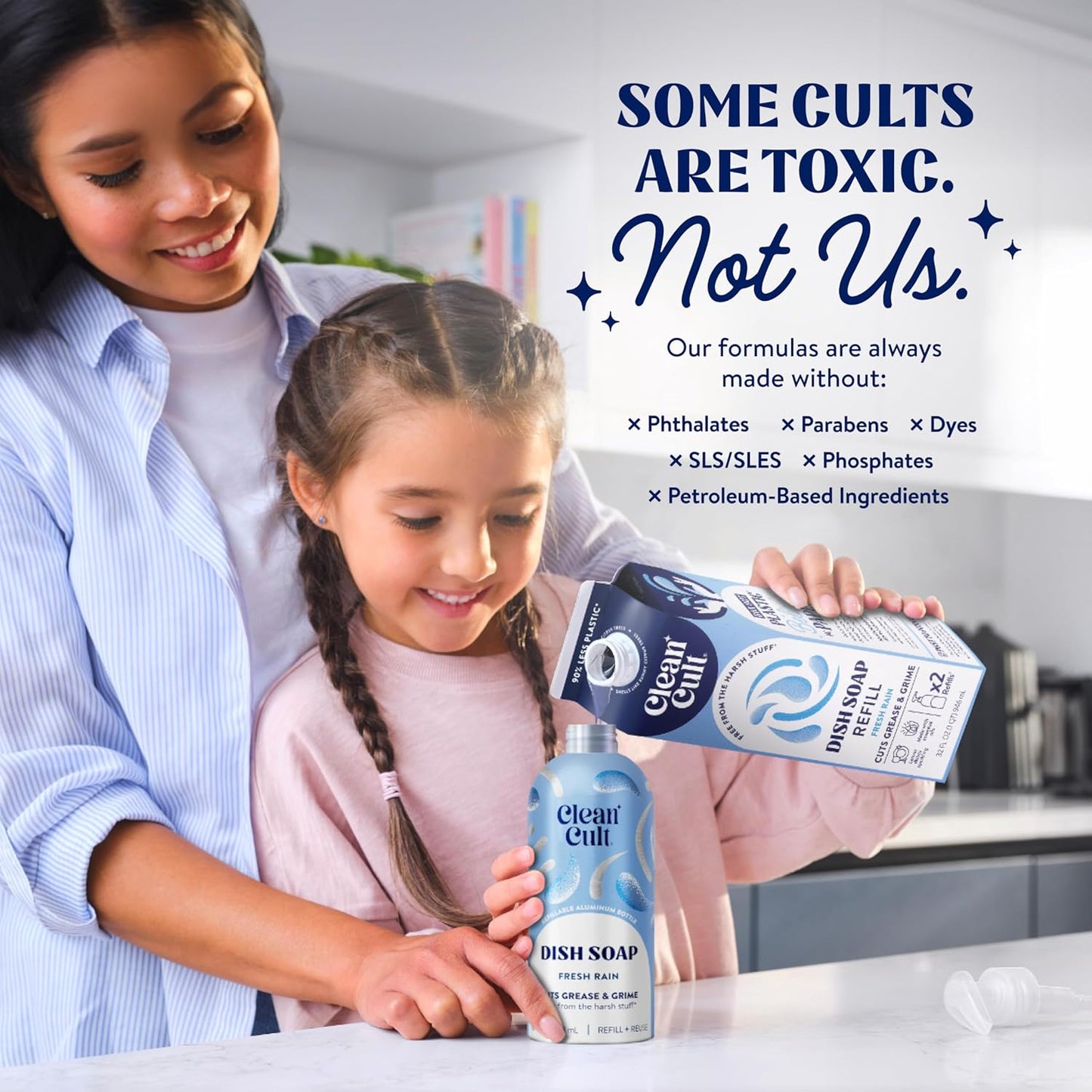 Cleancult Dish Soap Liquid Refill (32oz, 3 Pack) - Plant Based Cleaning Power - Dish Soap that Cuts Grease & Grime - Free of Harsh Chemicals - Uses 90% Less Plastic - Fresh Rain