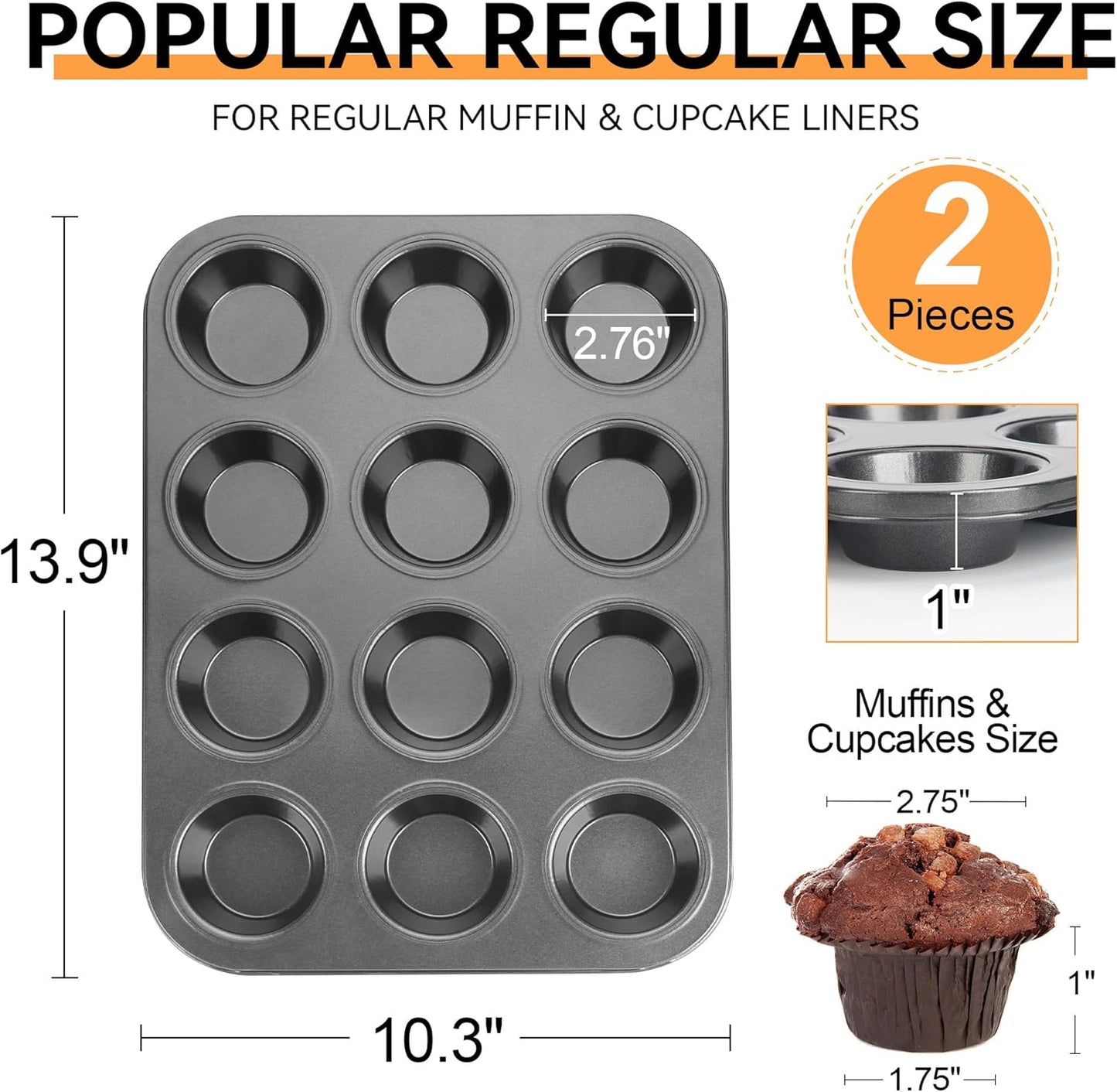 Muffin Tin, 12-Well Nonstick Cupcake Pan Set of 2, Heavy Duty Steel Muffin Pan