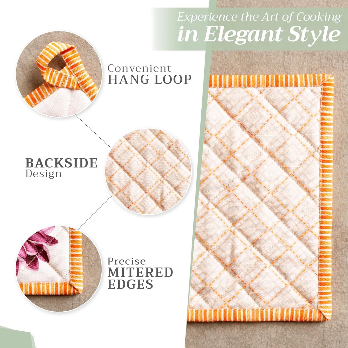 Maison d' Hermine Pot Holders set 100% Cotton Heat Resistant Potholders 8" x 8" Hot Pads with Loop BBQ, Cooking, Baking, Grilling, Kitchen, Handling Hot Pans (Pack of 2, Pumpkin Garden - Cloudy Cream)