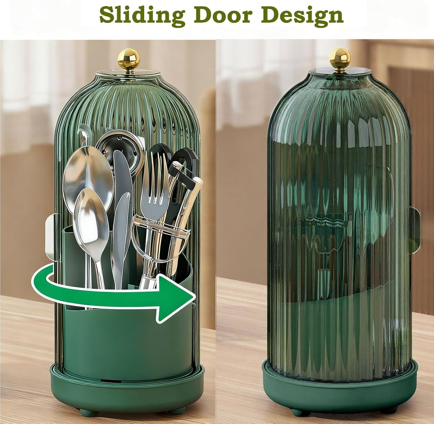 JEESA Utensil Holder with Lid, 360° Rotating Flatware Organizer for Cutlery Spoon Fork(H Less 8"), Silverware Caddy Organizer Drainage Dustproof Flatware Holder Kitchen Countertop Storage, Green