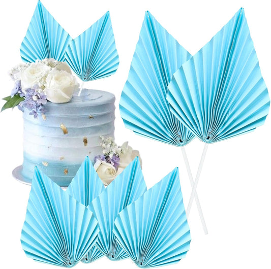 Gyufise 6pcs Paper Palm Fan Cake Toppers - Palm Leaf Fan & Spear Leaf Cupcake Toppers - Cake Insert Decoration for DIY Craft Projects, Home, Wedding, Party Supplies - Lake Blue