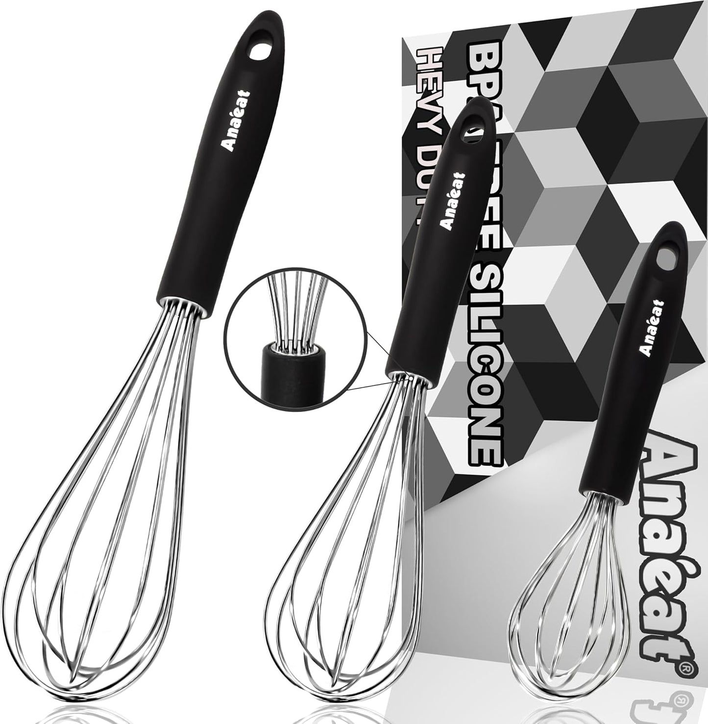 3 Packs Stainless Steel Whisk Set - Balloon Whisk, Anaeat Thick Stainless Steel Wire ＆ Strong Handles, Egg Beater for Cooking, Blending, Whisking, Beating and Stirring (8.5"+10.5"+12")