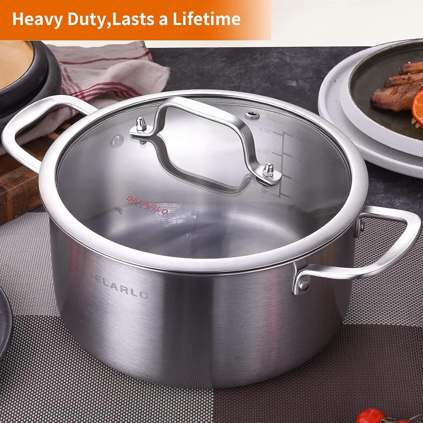 DELARLO Tri-Ply Stainless Steel 6QT Pot with Lid, Induction Ready, 6 Quart with Lid, Durable, Noodle Pot, 18/10 Heavy Duty for Cooking, Suit for All Stove, Up to 600℉(Lids 300℉)