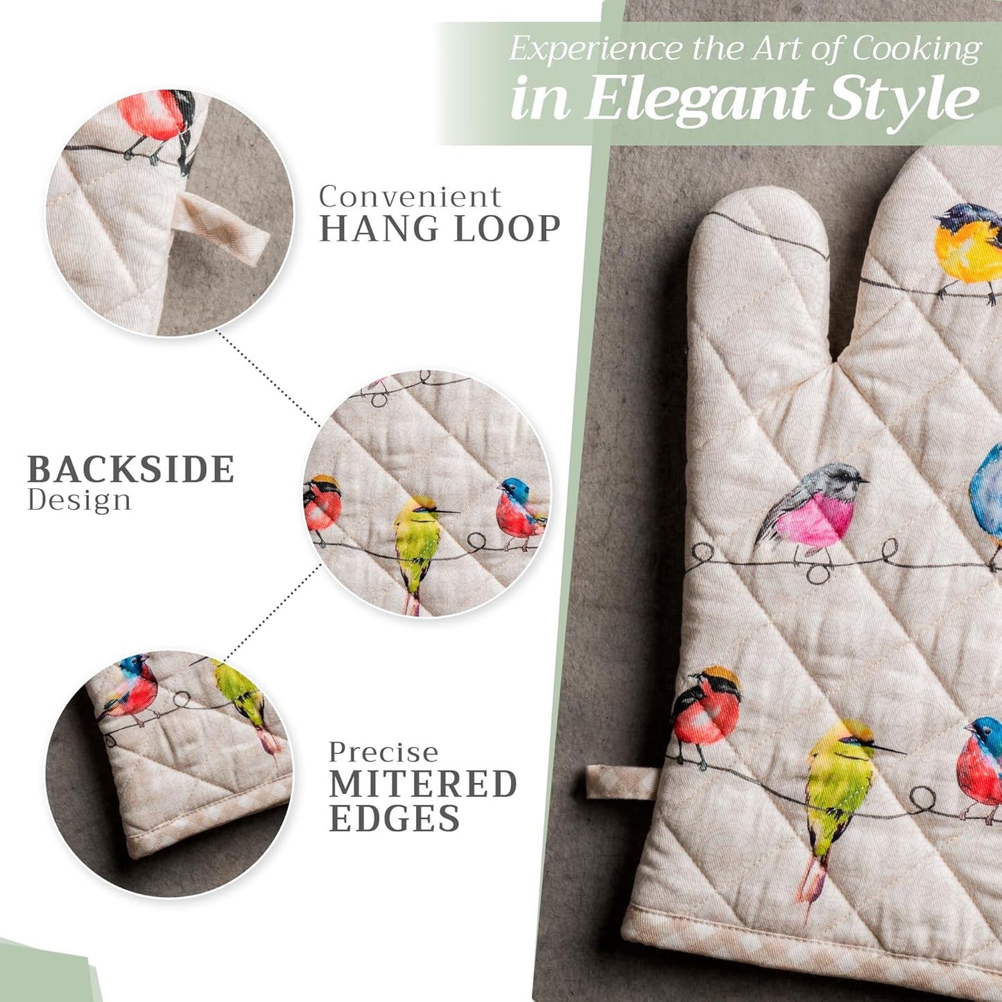 Maison d' Hermine 100% Cotton Oven Mitt & Pot Holder Set (7.5"x13" & 8"x8") Heat Resistant BBQ Cooking Gloves with Loop, Baking, Grilling, Kitchen, Handling Hot Pans Spring/Summer (Birdies On Wire)
