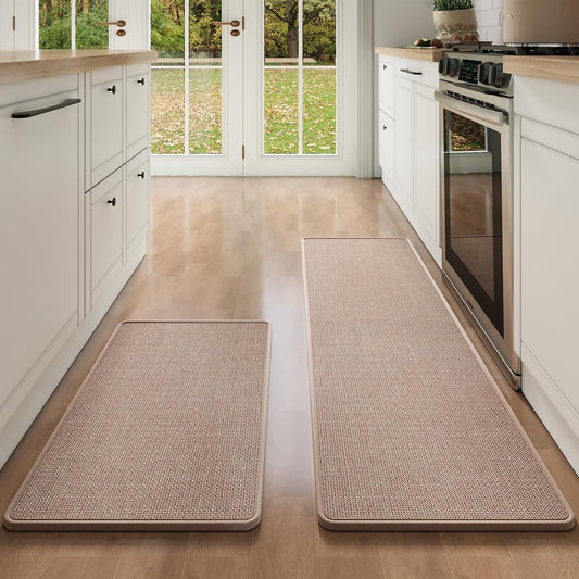 Kitchen Mat Set of 2 PCS Kitchen Mats for Floor, Linen-Look Woven Absorbent Kitchen Runner Rugs Non Slip Washable Comfort Standing Mats for Kitchen, Front of Sink