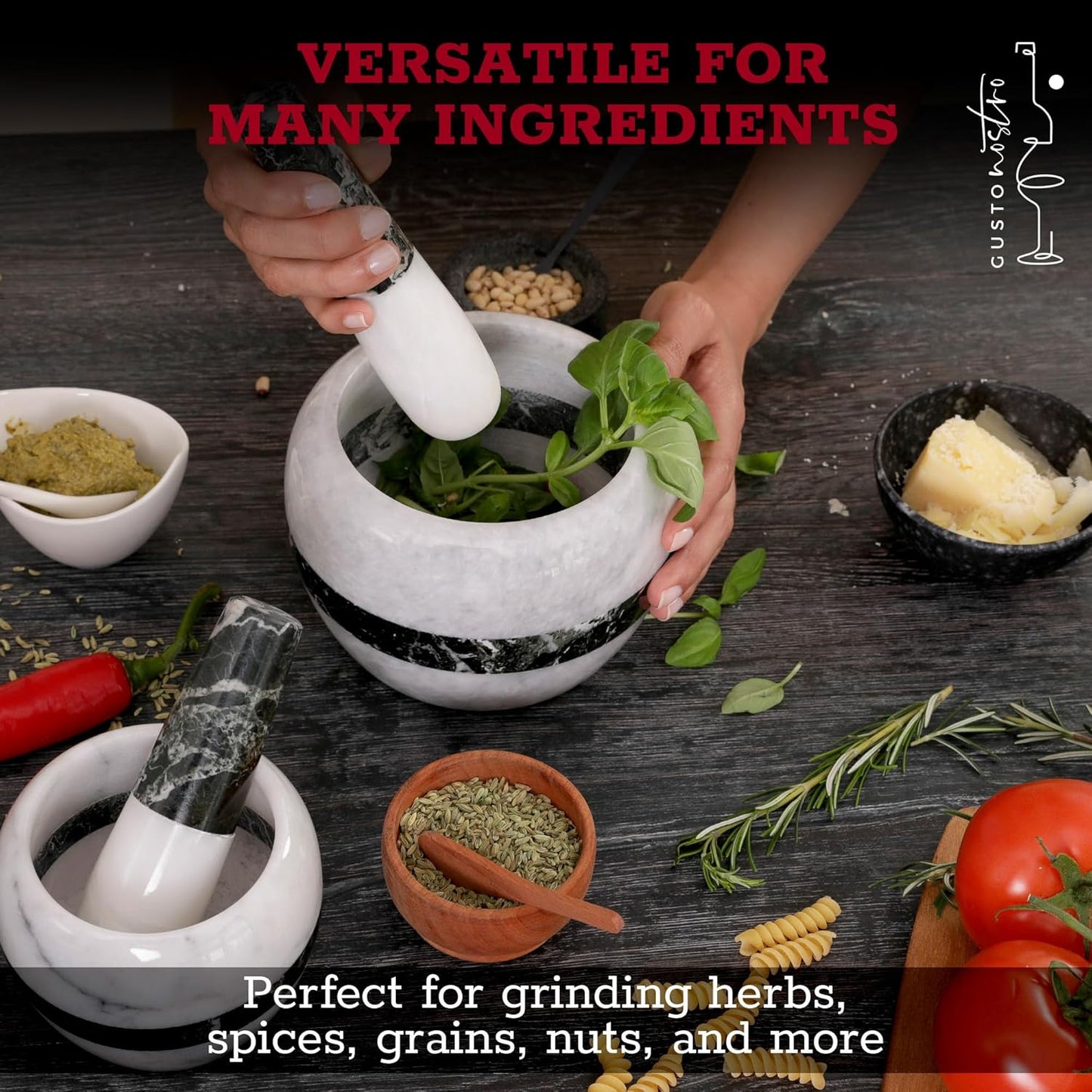 Gusto Nostro Natural Marble Mortar and Pestle Set | 5 Inch - 2.5 Cup Large Mortar Pestle Set for Grinding Herbs, Nuts, Grains | Pesto Grinding and Guacamole Stone Bowl | Marble Spice Crusher