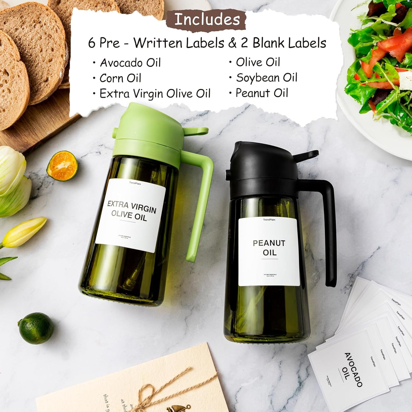 TrendPlain - Original 16oz/470ml Olive Oil Dispenser Bottle for Kitchen Gadgets and Air Fryer Accessories - Olive Oil Sprayer for Cooking w/Stickers - Lilac