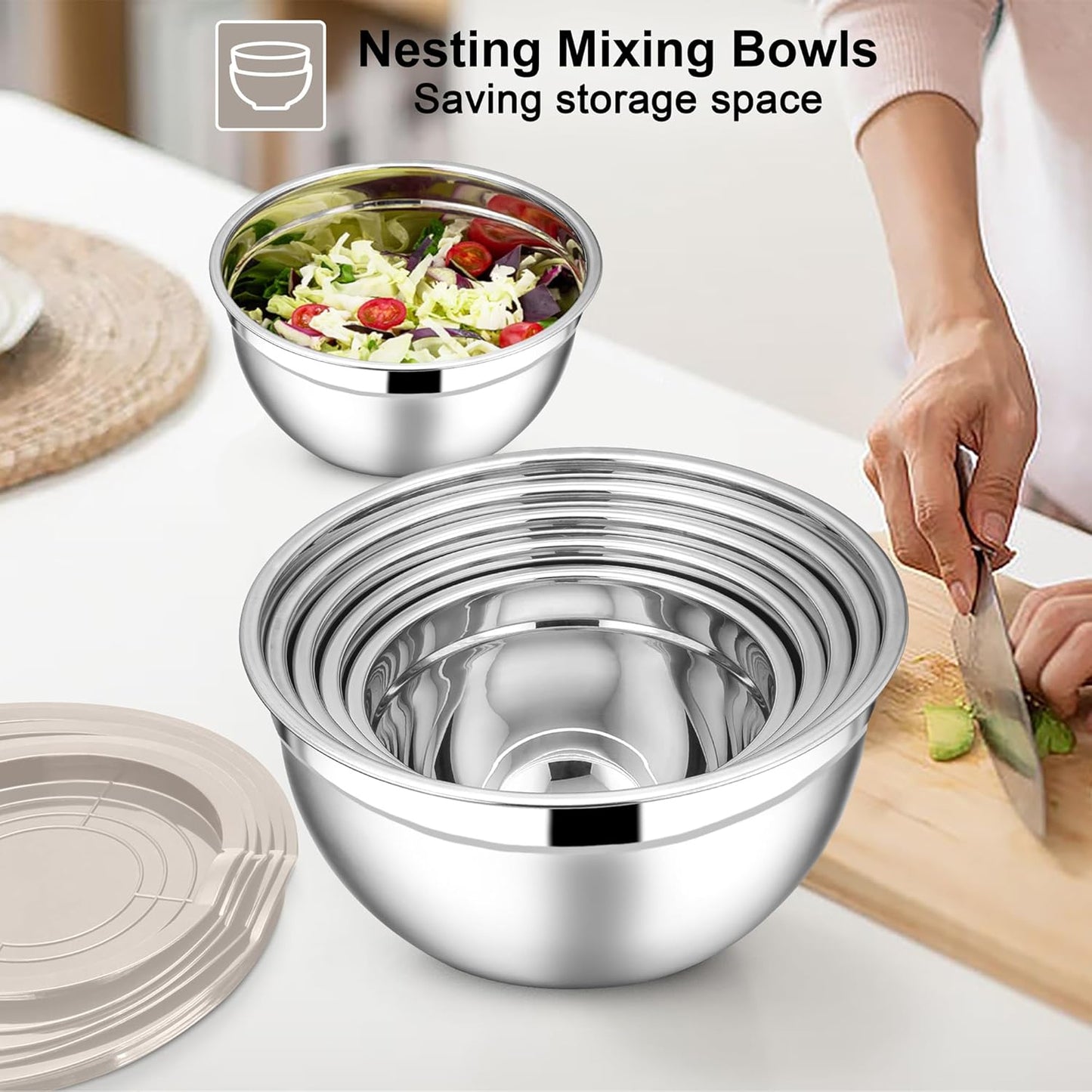 E-far Mixing Bowls with Lids Set, 21PCS Stainless Steel Mixing Salad Bowls with 3 Grater Attachments, Size 7, 4.6, 3.5, 2.6, 2, 1.5, 1QT, Nesting Design & Khaki Airtight Lid, For Baking/Prepping