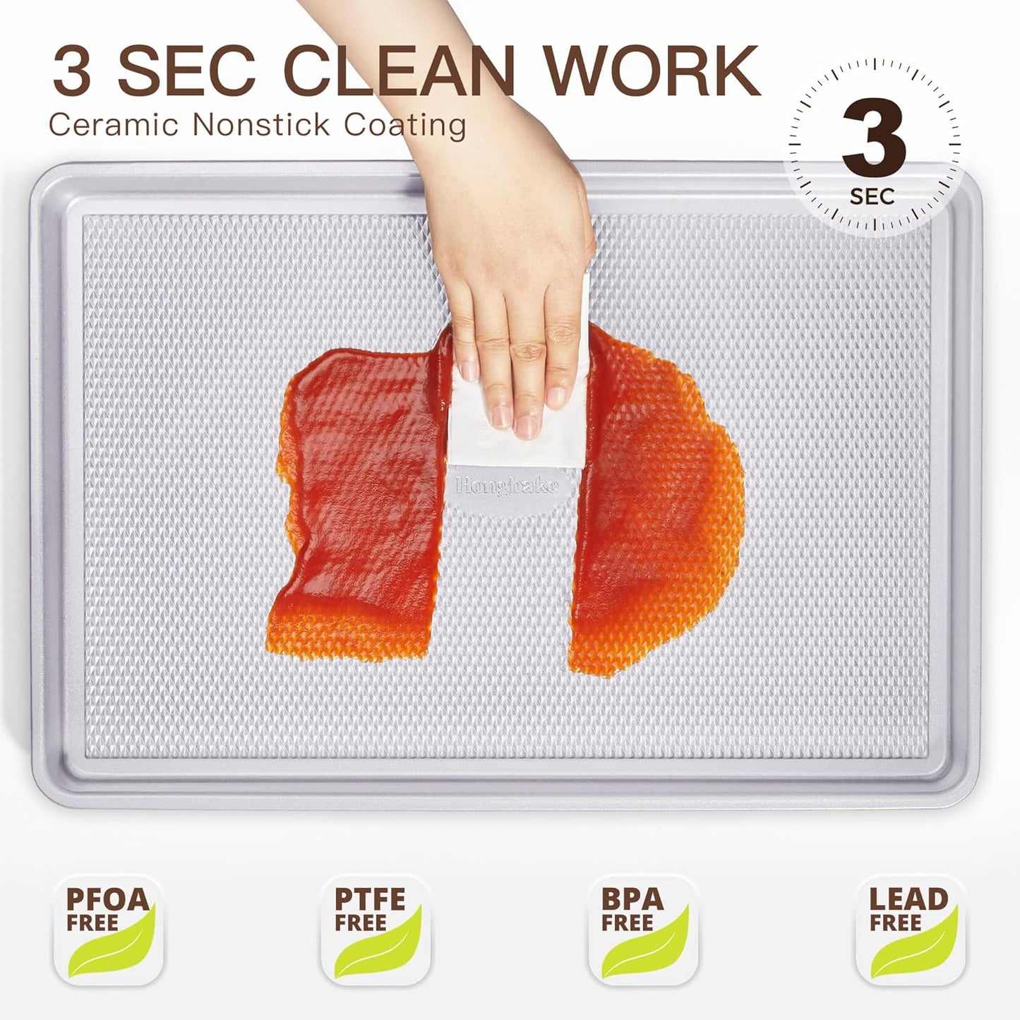 HONGBAKE 3 Pack Nonstick Ceramic Baking Sheet Pan Set for Oven, Non-Toxic Half/Quarter/Jelly Roll Pans with Diamond Texture, Heavy Duty 0.8mm Aluminized Steel Cookie Trays for Cooking, Light Grey