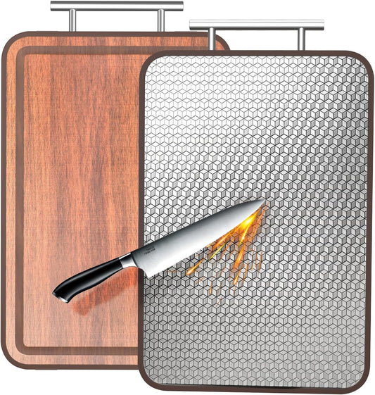 Stainless Steel Cutting Board Wood Double Sided Chopping Cutting Boards for Kitchen - 2 in 1 Ebony Metal with Handle Scratch Resistant Raw Meat Vegetable Fruit Cooking Gift 16.3''×10.4''×1''(Upgraded)