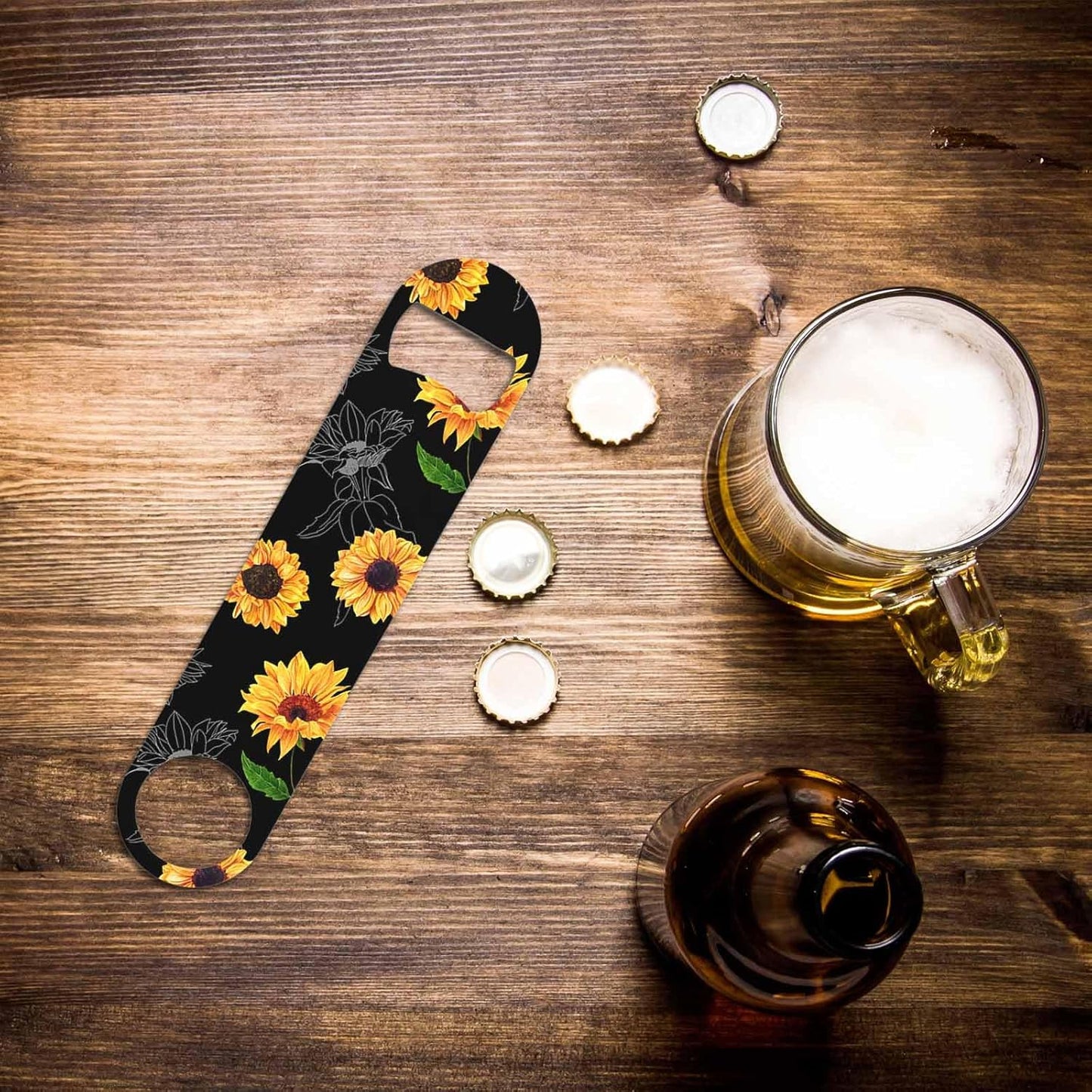 Sunflowers Stainless Steel Bottle Opener Vibrant Yellow Watercolor Flower Vintage Style Floral Black Flat Beer Bottle Opener Keychain for Home Kitchen Bar Restaurant Party Birthday Gift
