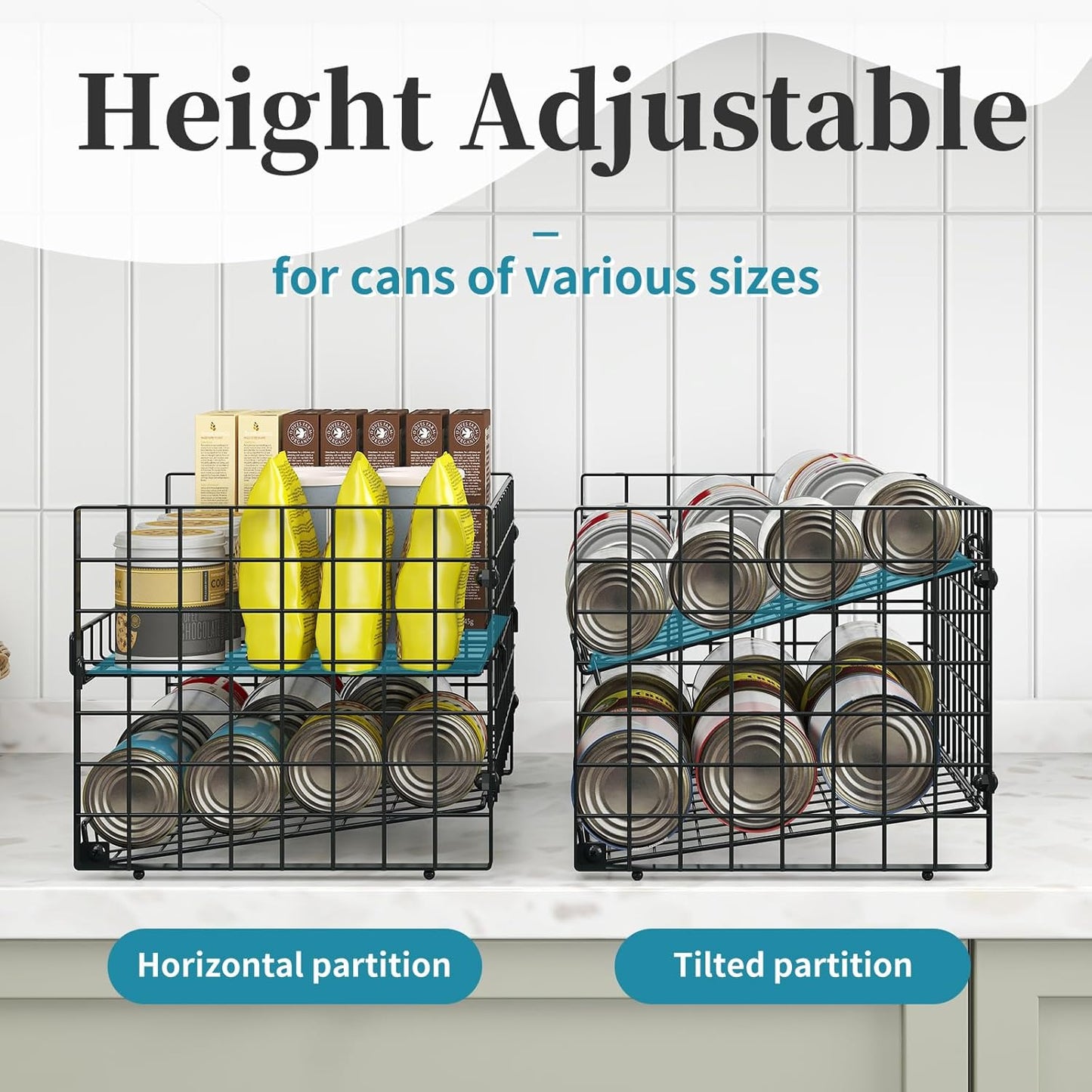 2 Pack Stackable Can Organizer for Pantry, Adjustable Can Holder Rack for Canned Food Soda Drink Goods Storage up to 60 Cans Storage, 2-Tier, Black