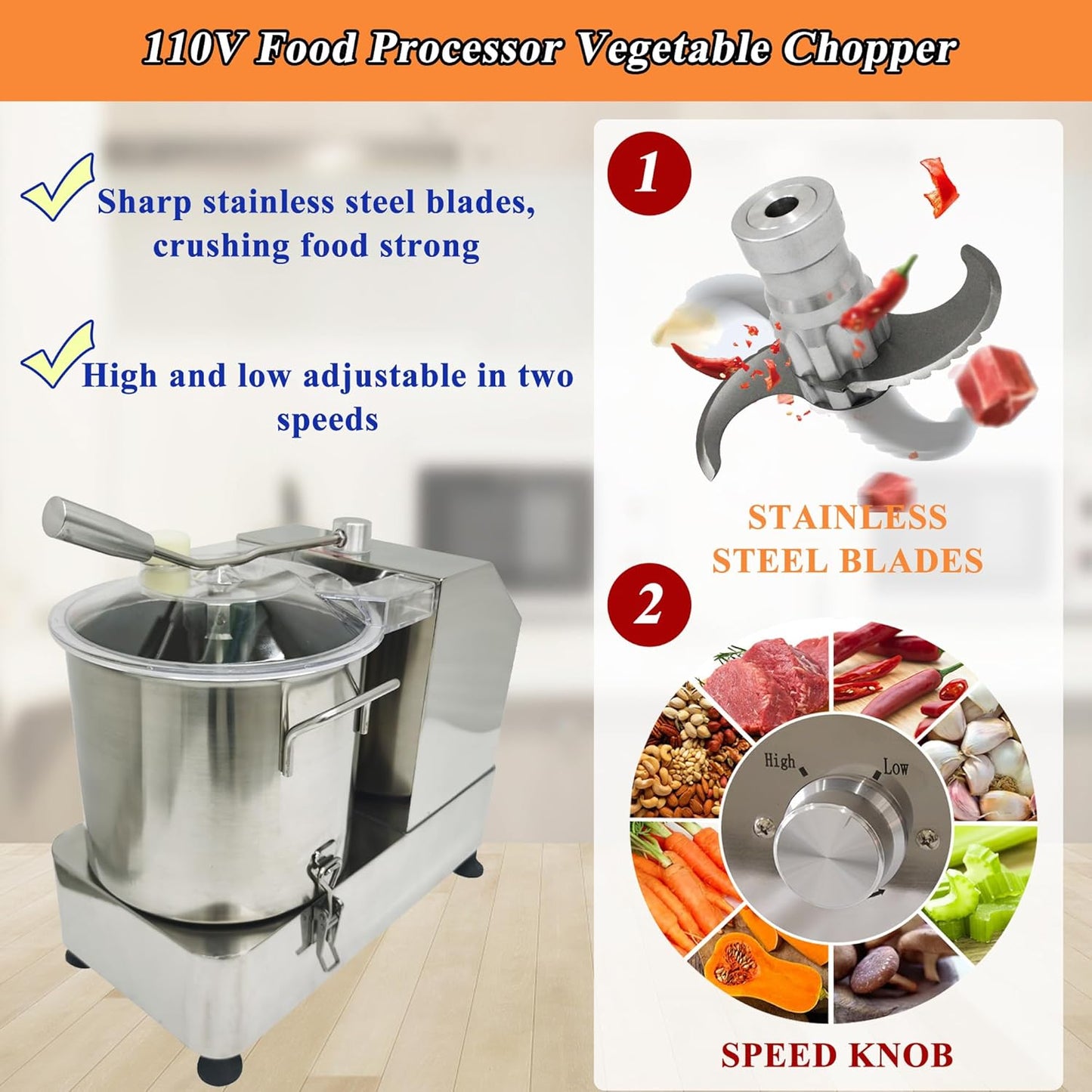 TECHTONGDA 9L Food Processor & Vegetable Chopper, Commercial Meat Grinder, Stainless Steel Electric Chopper, Adjustable Speed Meat Mincer, Multi-Function for Chopping Vegetables, Meat, Grains, Nuts